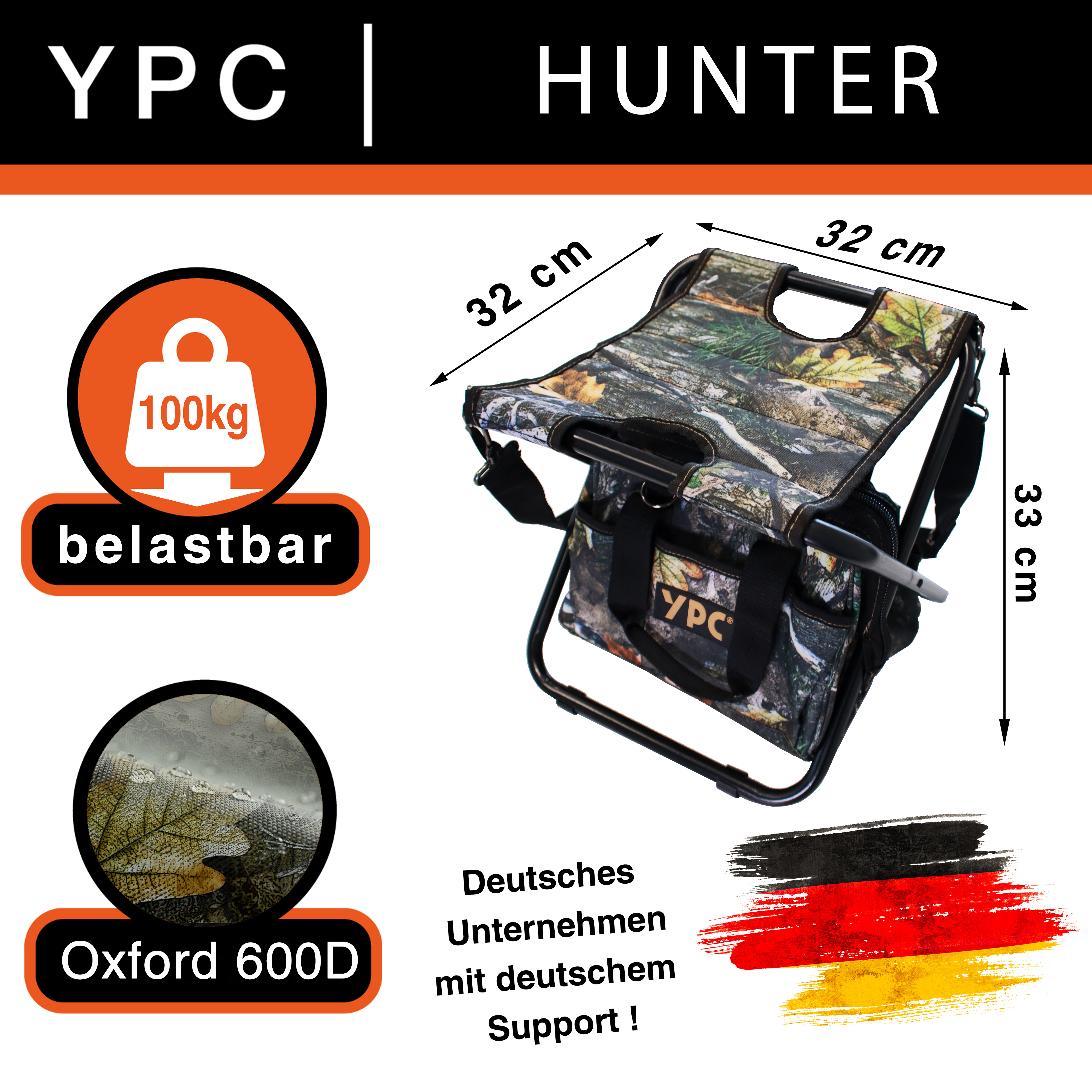 "Hunter" Klapphocker mit Tragetasche, Camouflage-Schwarz, 33x32x30cm, 100 kg Tragkraft