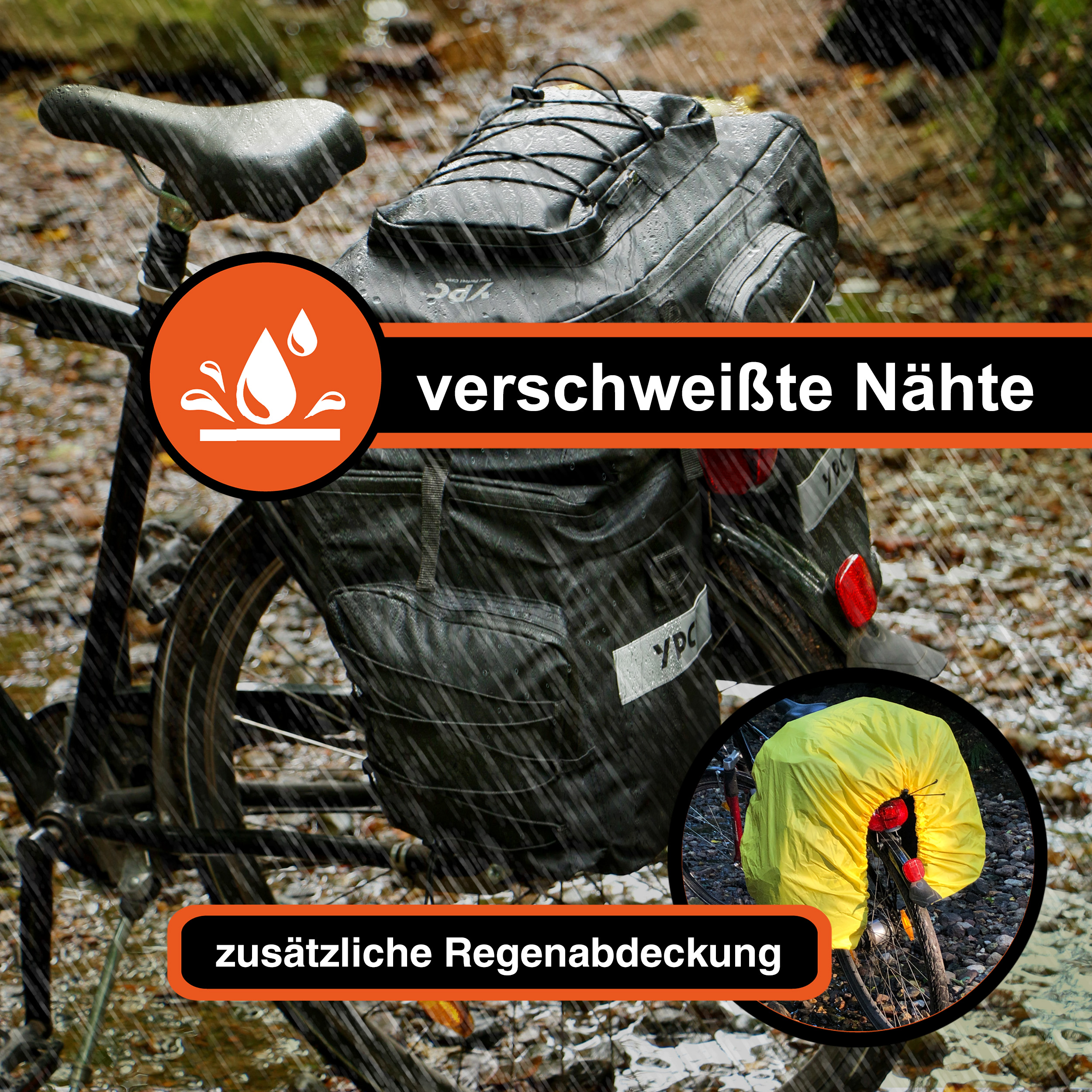 "Voyager" 3 in 1 Fahrradtasche für Gepäckträger XXL, 65L, wasserdicht, 55x50x40cm, Schwarz