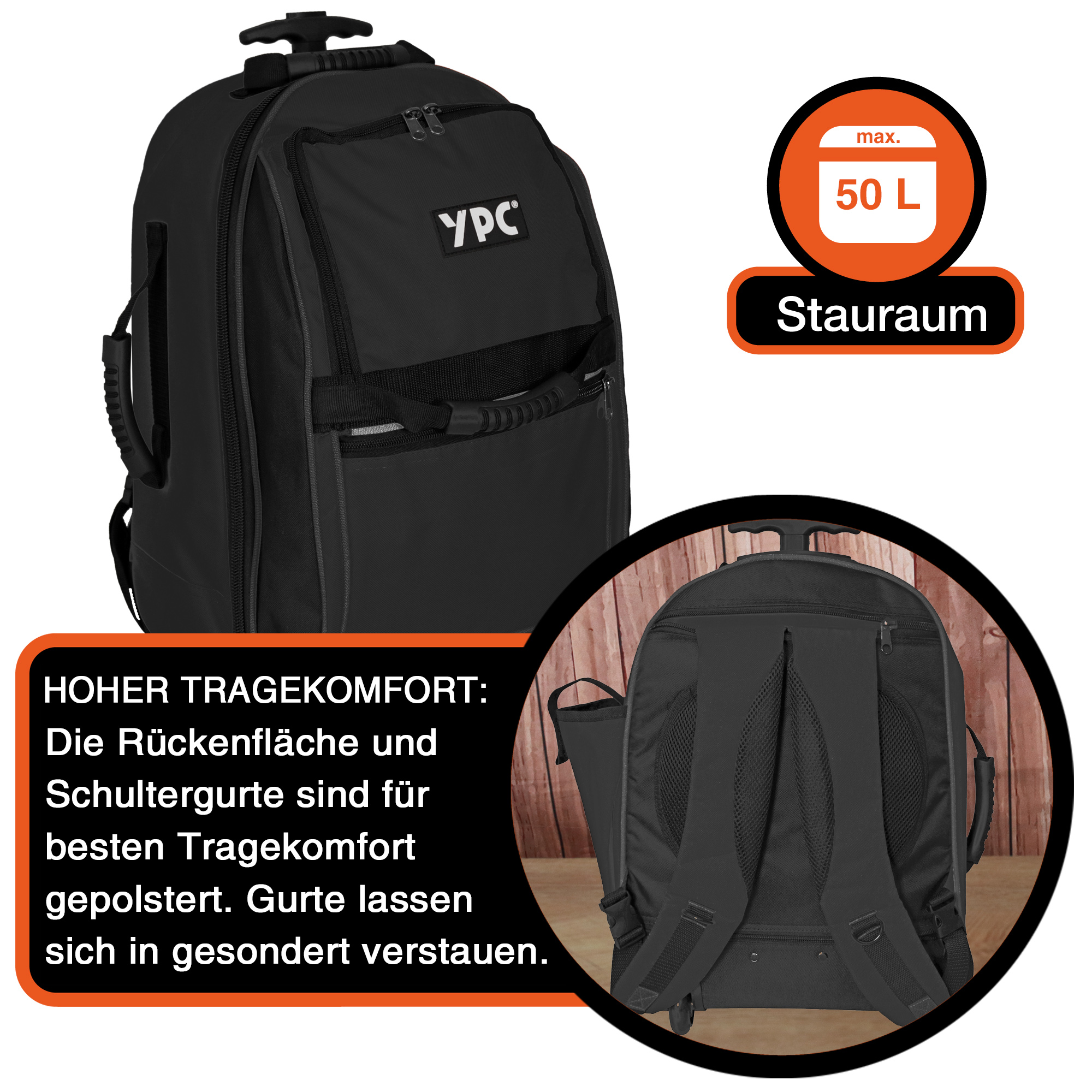 "Juggernaut" Trolley-Werkzeugrucksack XXL, Schwarz, 54x36x25cm, 15 kg Tragkraft