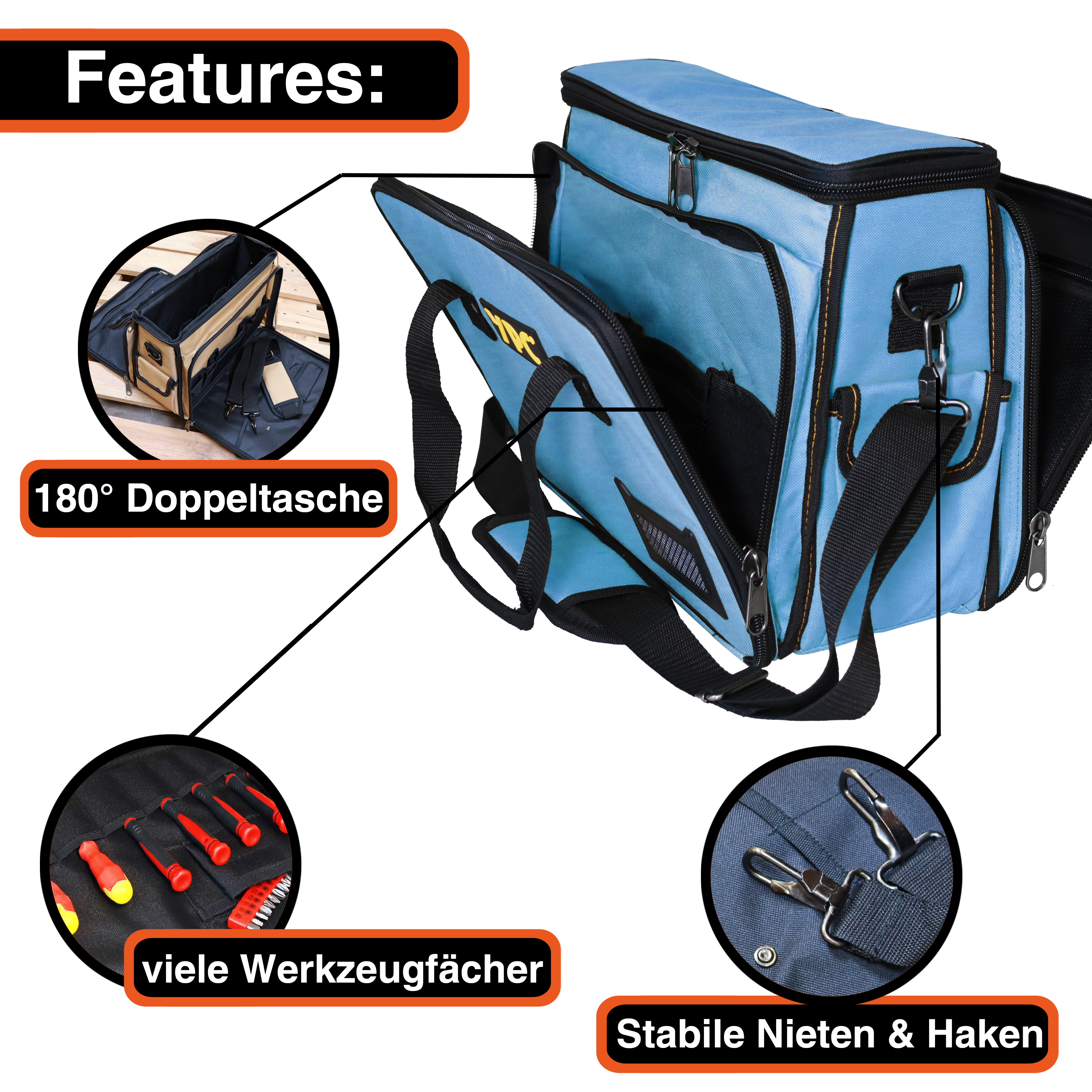 "Operator" Werkzeugtasche XL, Blau-Schwarz, 40x32x20cm, 20 kg Tragkraft