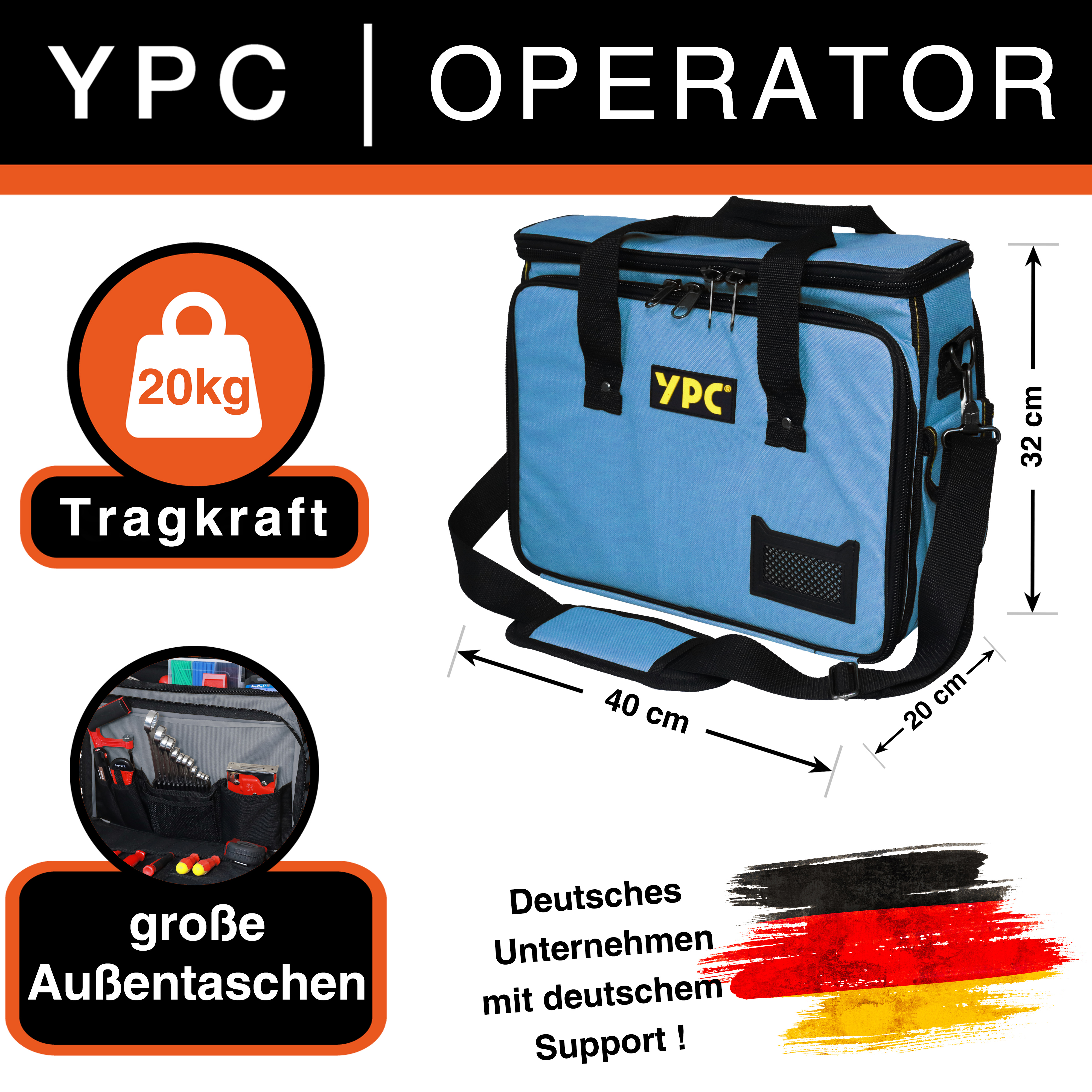 "Operator" Werkzeugtasche XL, Blau-Schwarz, 40x32x20cm, 20 kg Tragkraft