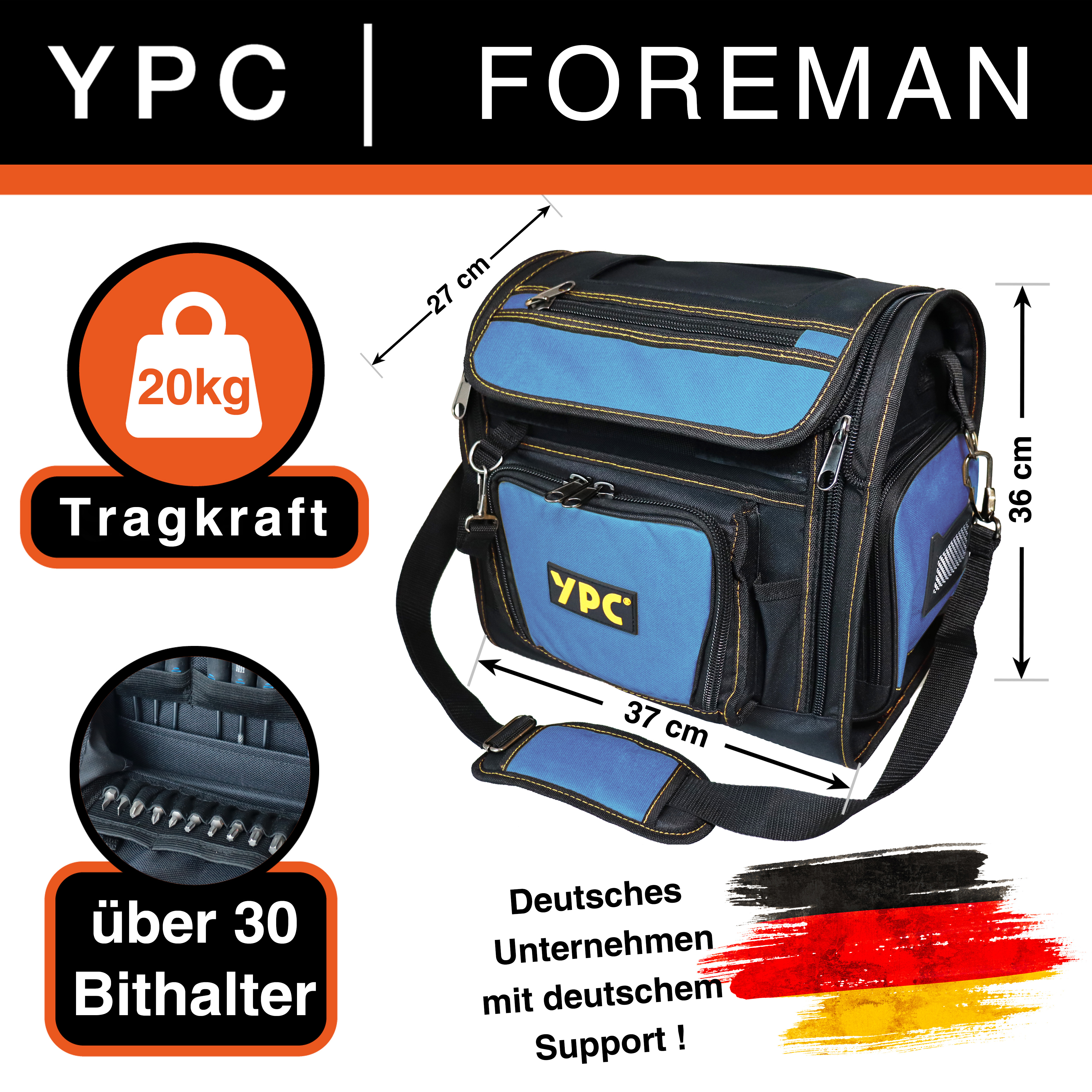 "Foreman" tool bag XL, blue-black, 37x36x27cm, 20 kg load capacity