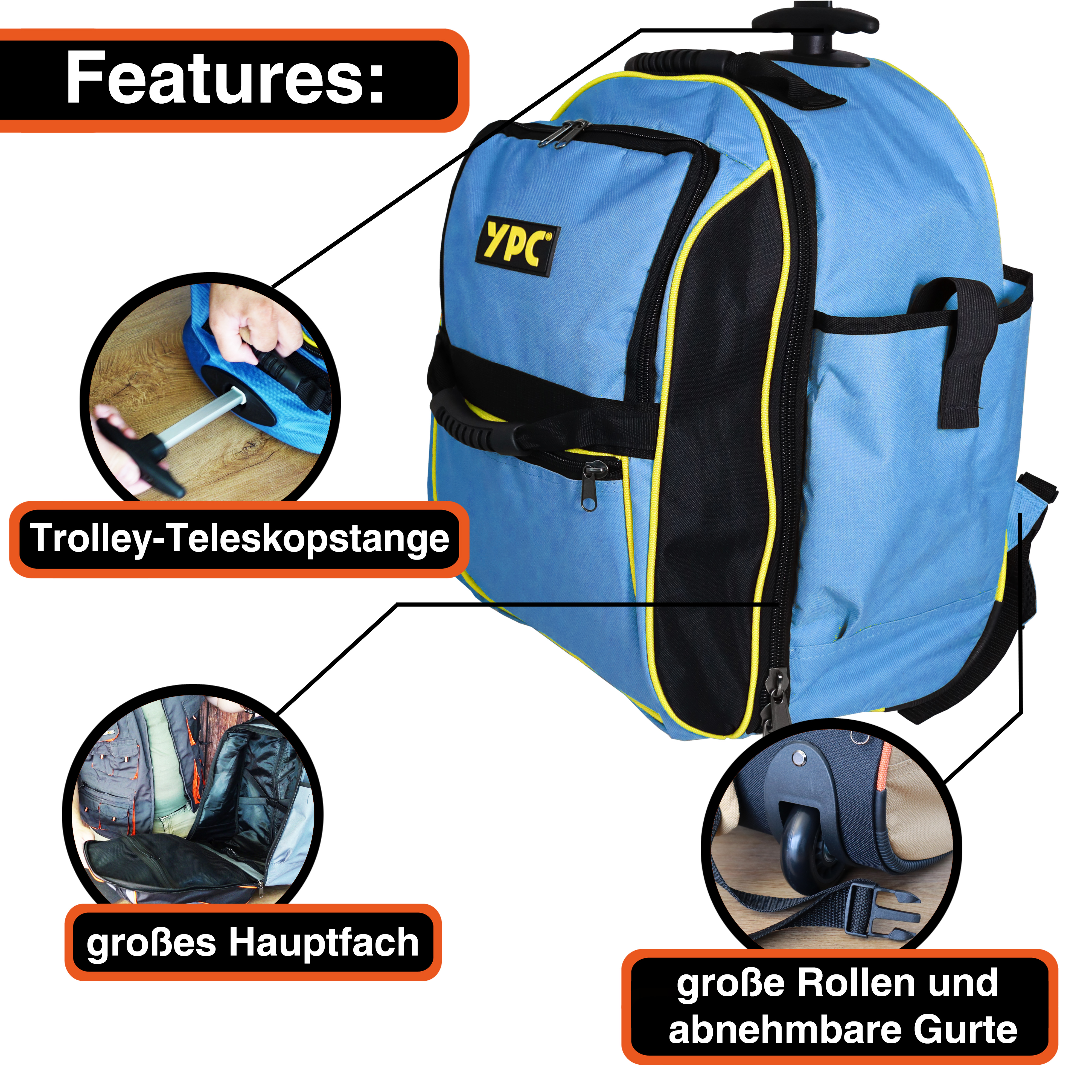 "Juggernaut" Trolley-Werkzeugrucksack XXL, Blau-Schwarz, 54x36x25cm, 15 kg Tragkraft