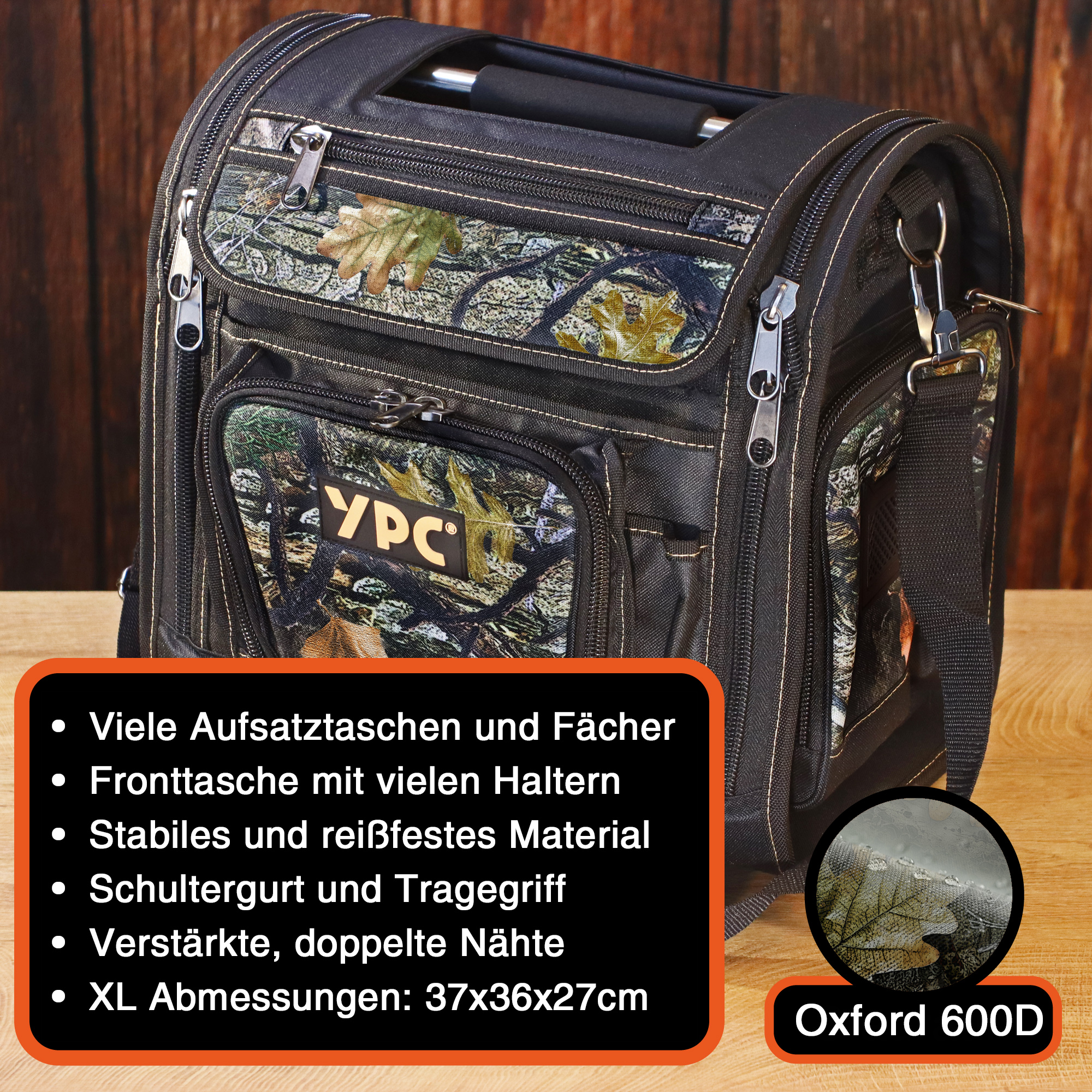 "Vanguard" Outdoor-Tasche XL, Camouflage-Schwarz, 37x36x27cm, 20 kg Tragkraft