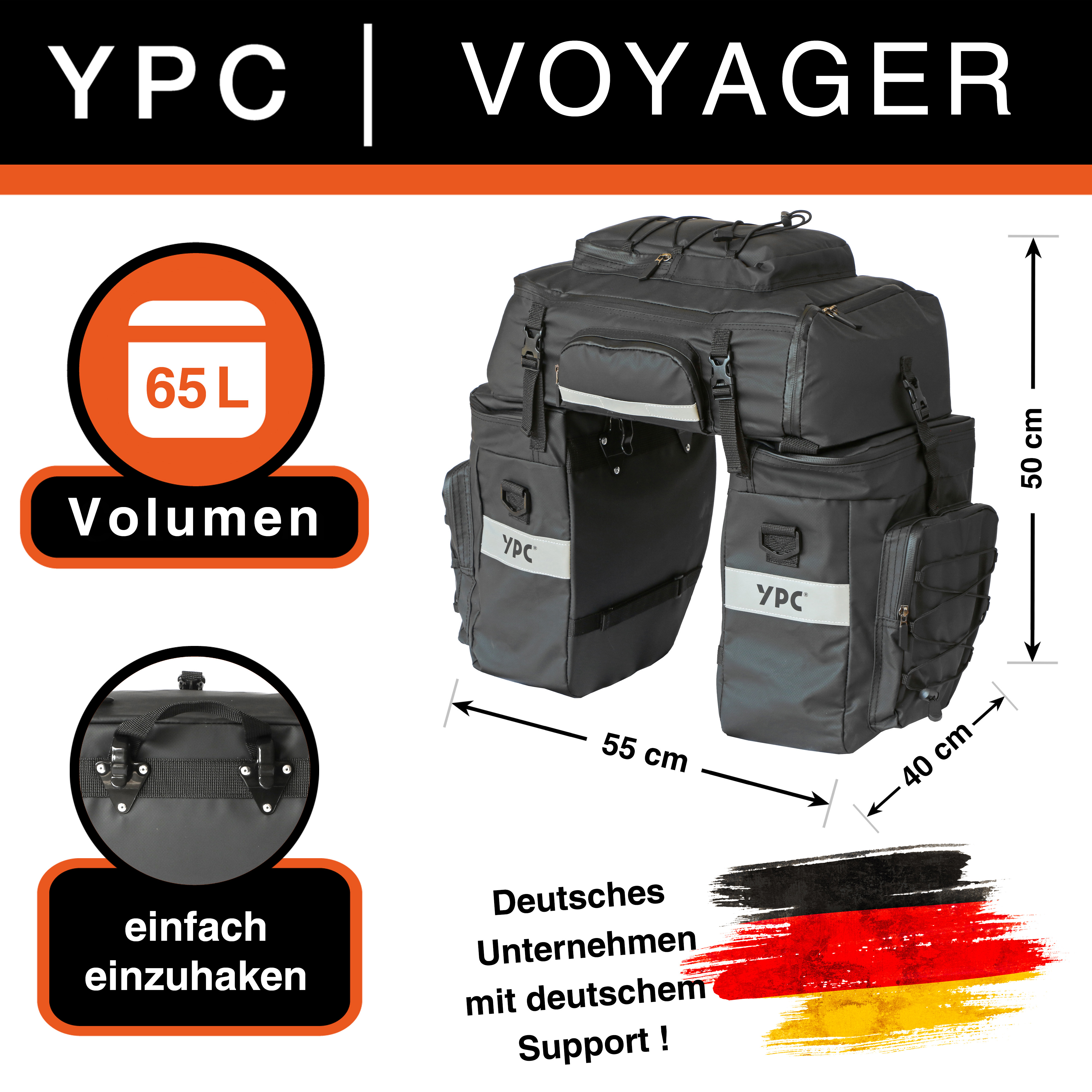 "Voyager" 3 in 1 Fahrradtasche für Gepäckträger XXL, 65L, wasserdicht, 55x50x40cm, Schwarz