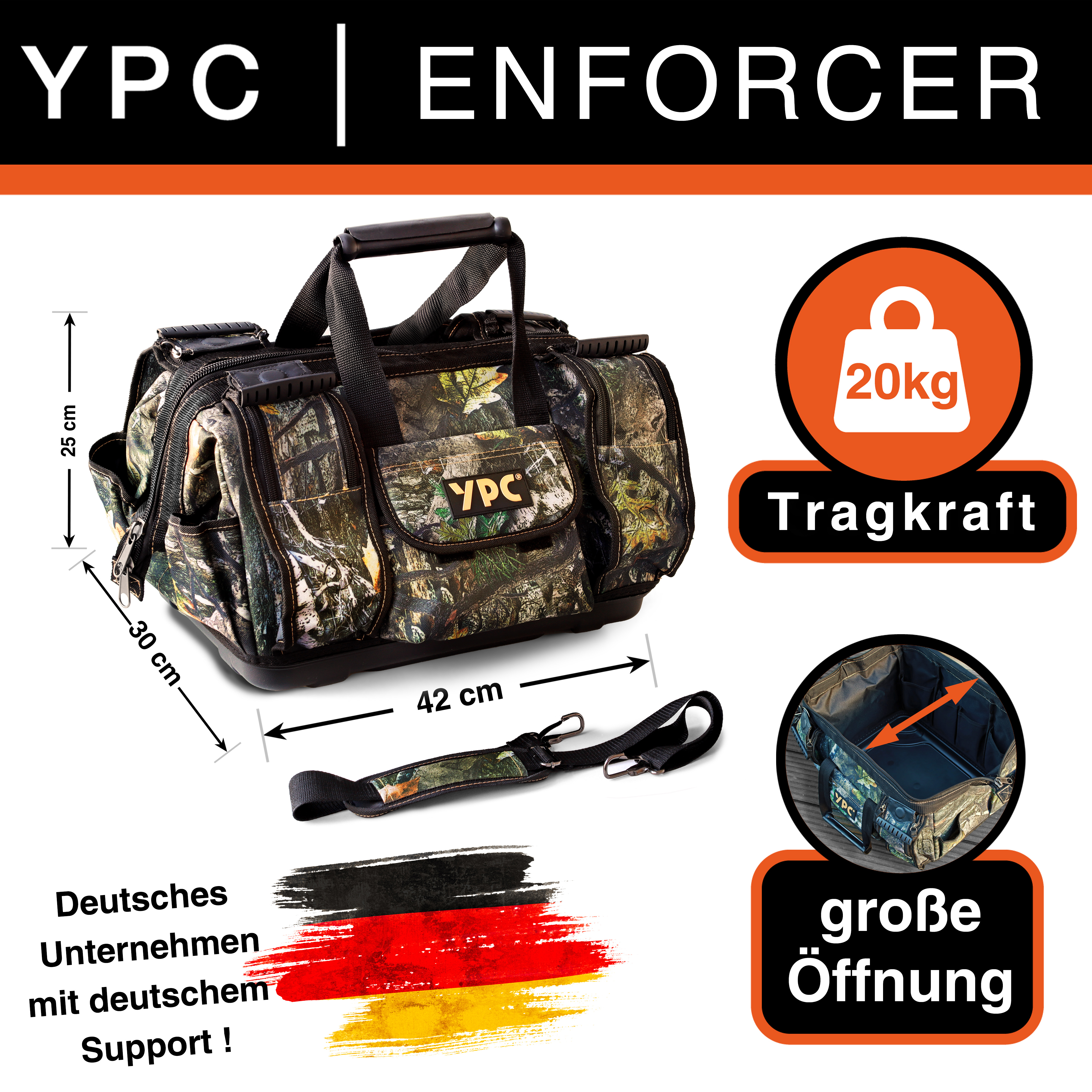 "Enforcer" Outdoor-Tasche XXL, Camouflage-Schwarz, 42x30x25cm, 20 kg Tragkraft