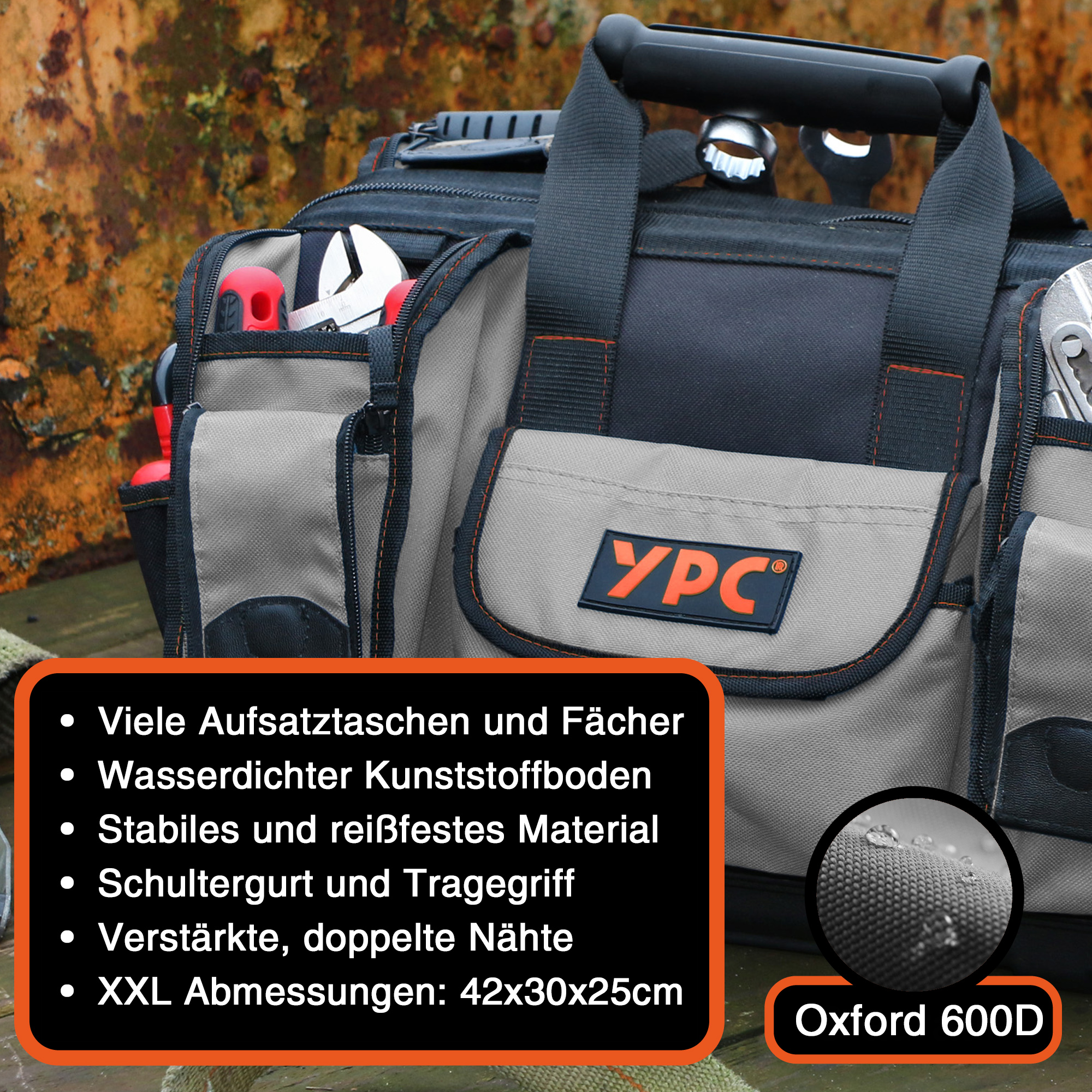 "Craftsman" Werkzeugtasche XXL, Grau-Schwarz, 42x30x25cm, 20 kg Tragkraft