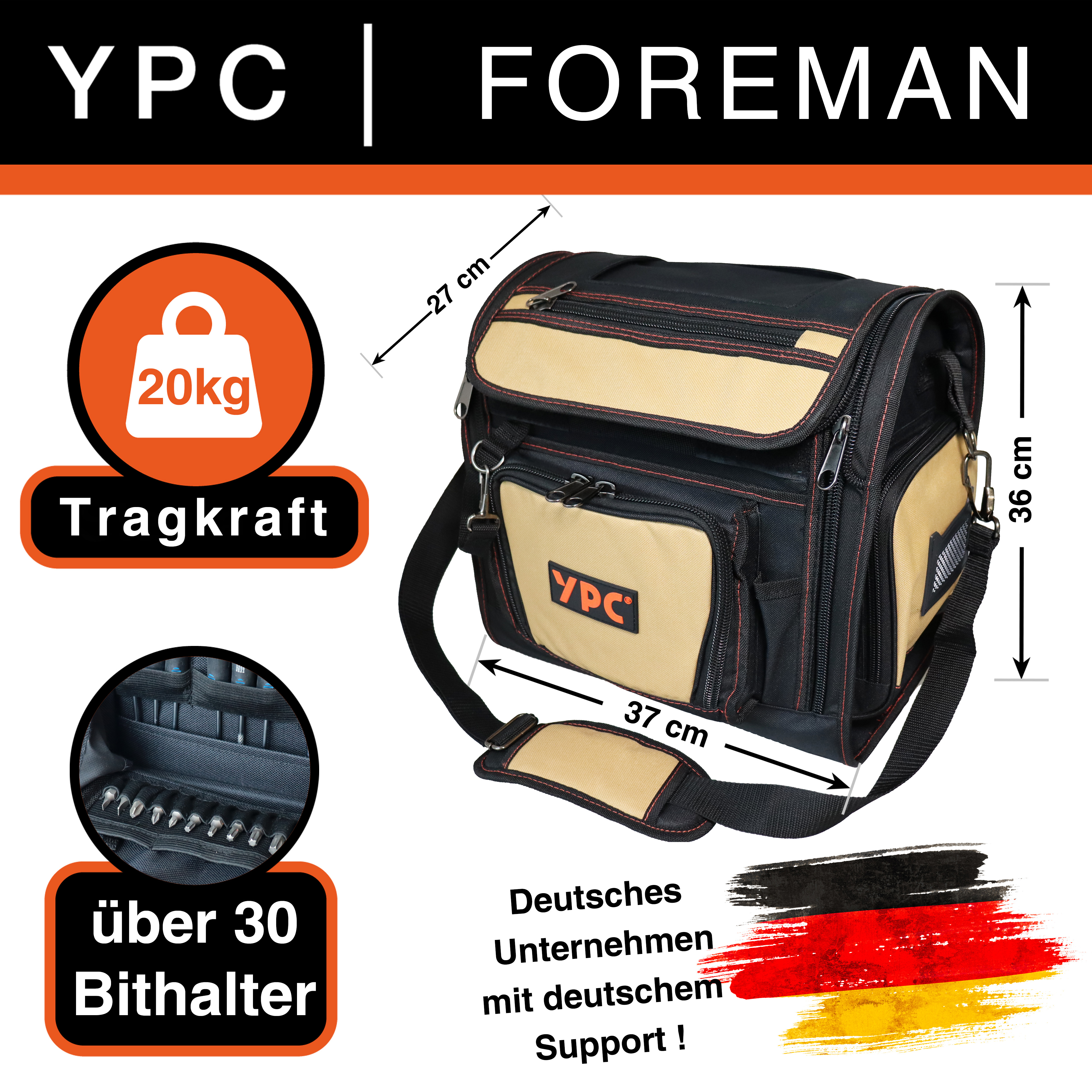 "Foreman" tool bag XL, sand-black, 37x36x27cm, 20 kg load capacity