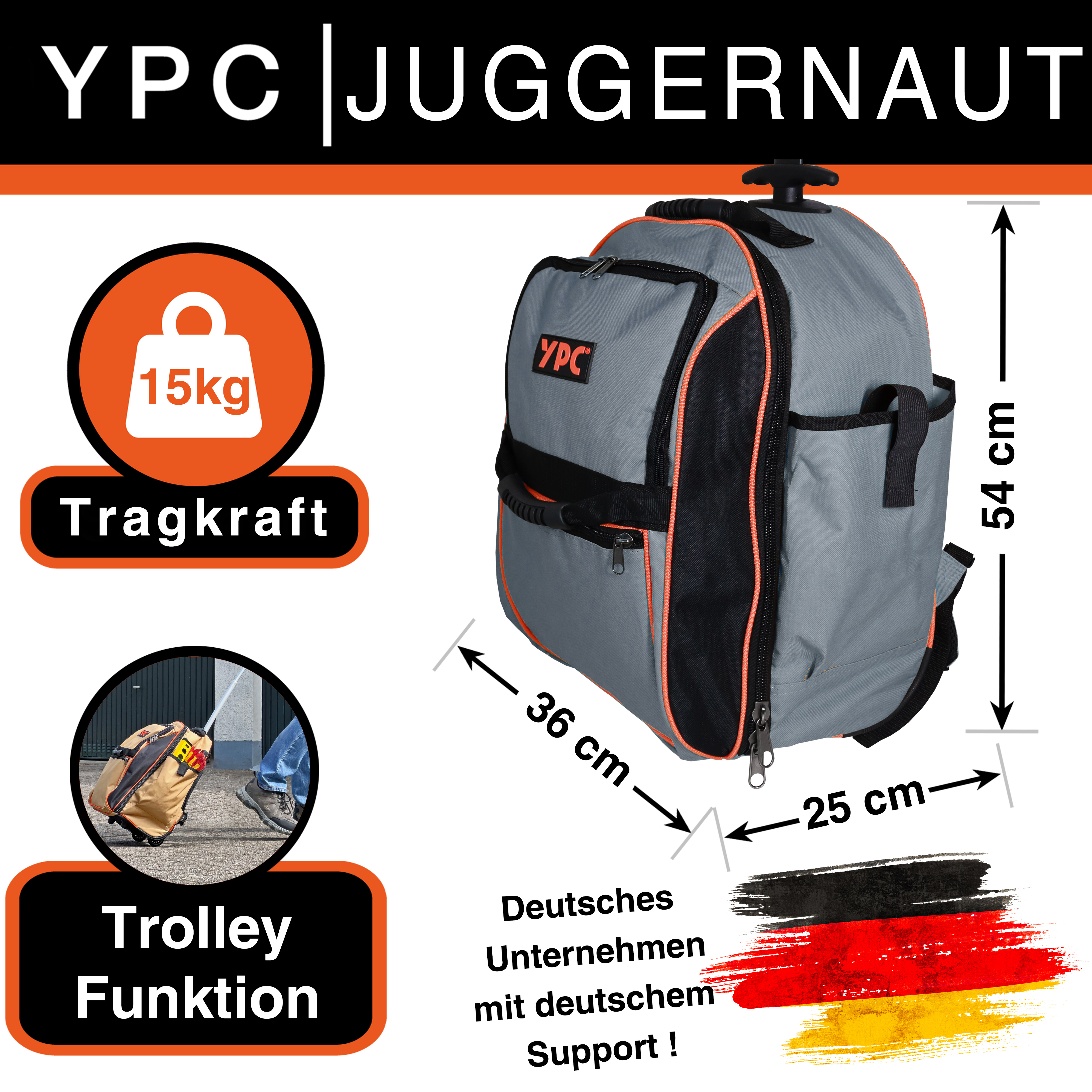 "Juggernaut" trolley tool backpack XXL, grey-black, 54x36x25cm, 15 kg load capacity