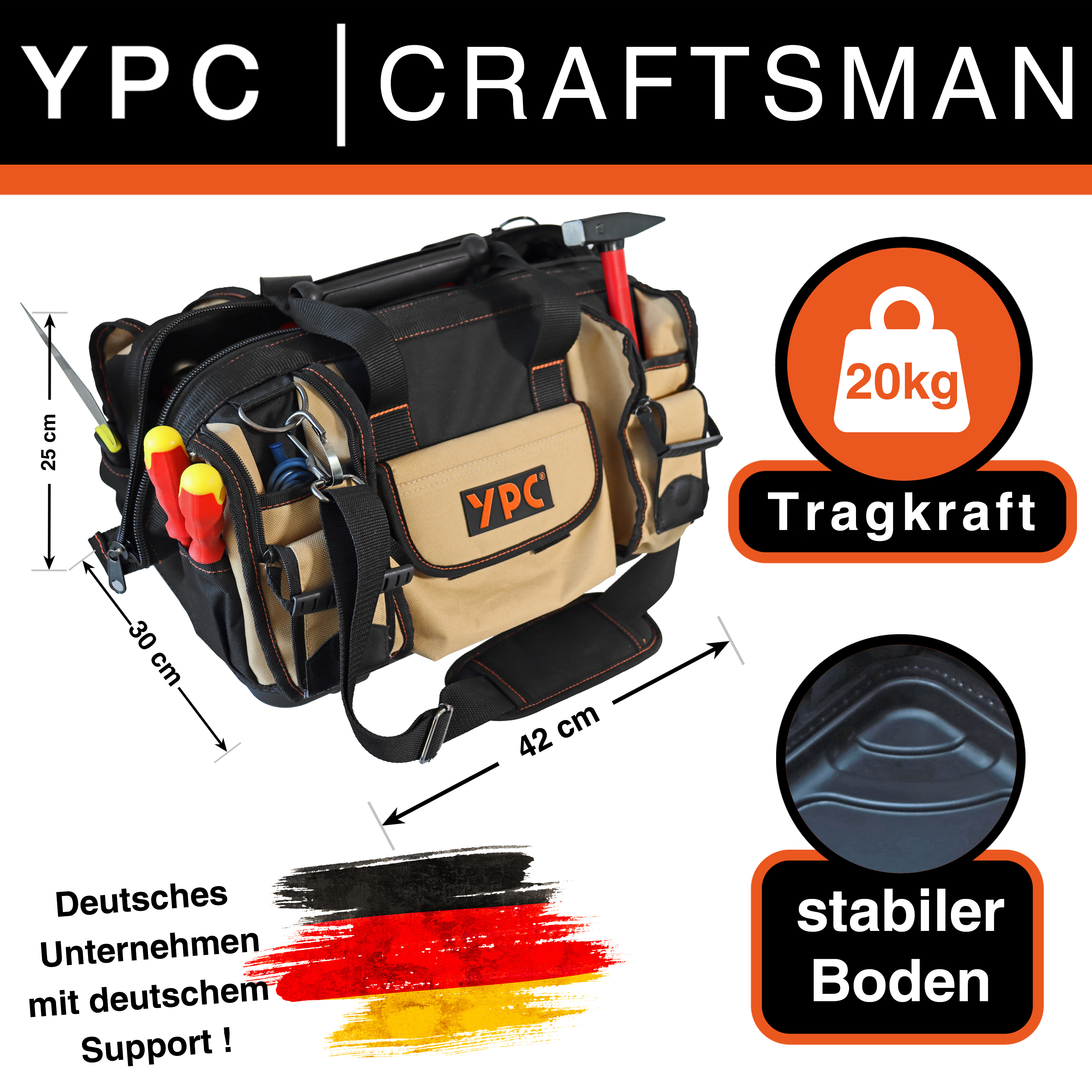 "Craftsman" Werkzeugtasche XXL, Sand-Schwarz, 42x30x25cm, 20 kg Tragkraft