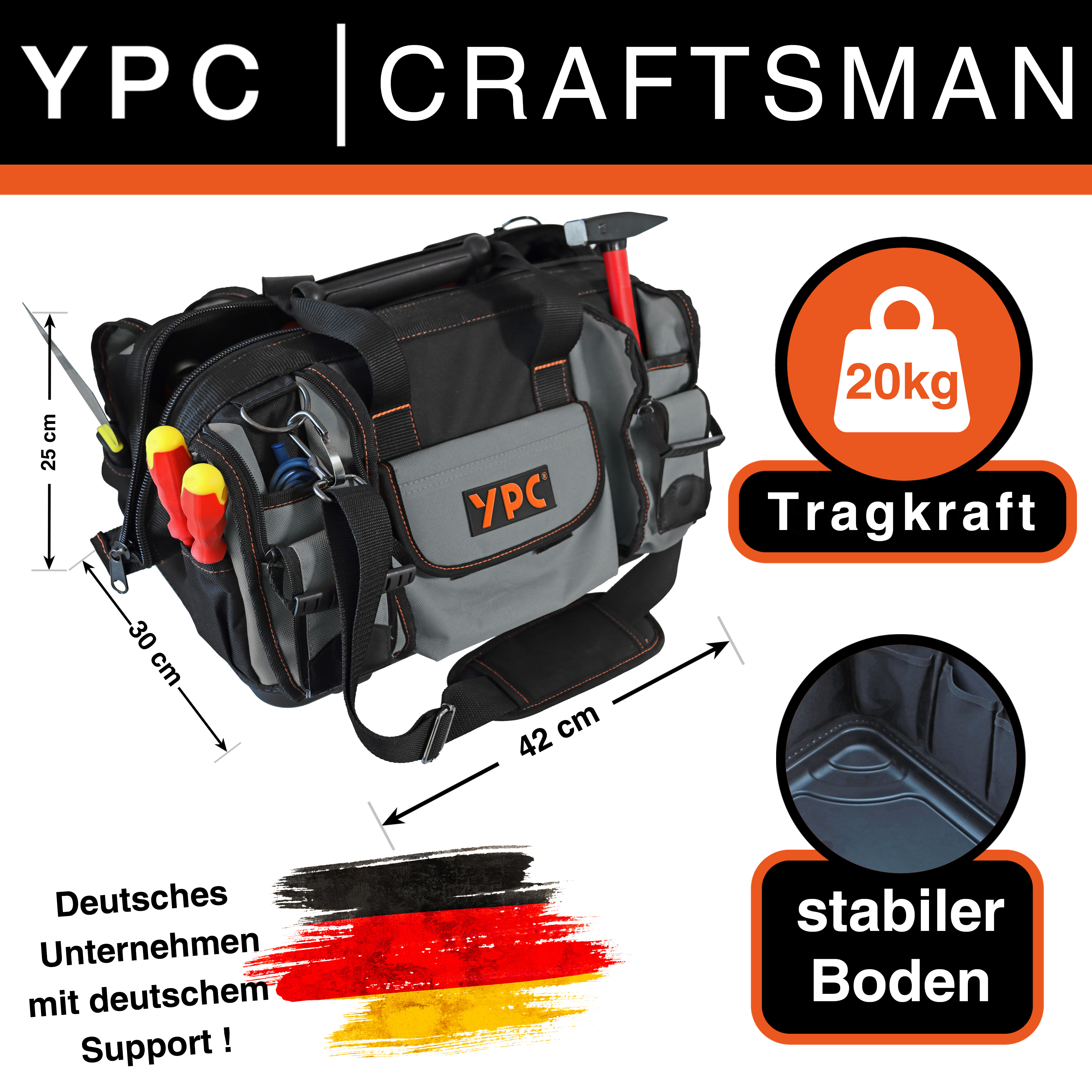 "Craftsman" Werkzeugtasche XXL, Grau-Schwarz, 42x30x25cm, 20 kg Tragkraft