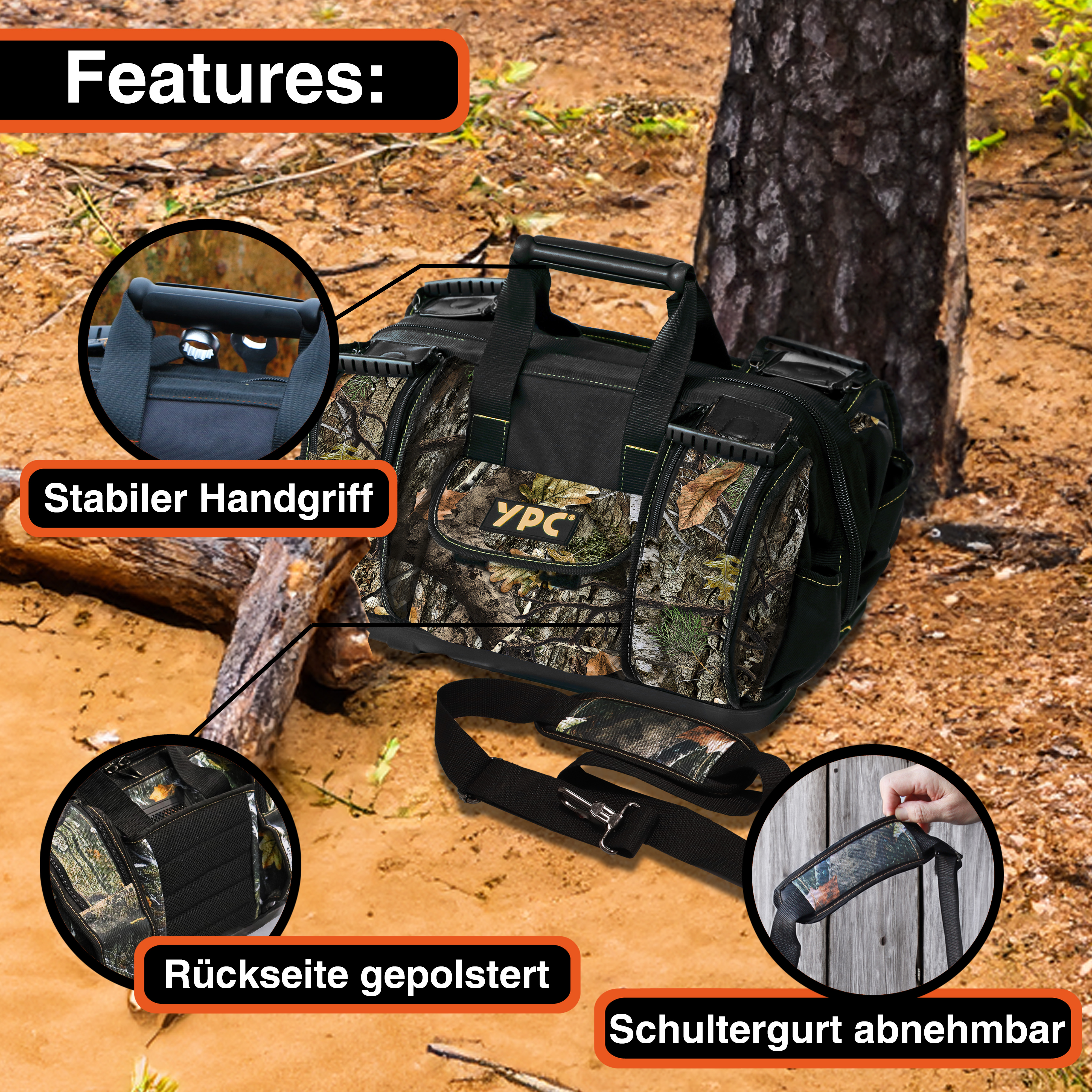 "Enforcer" Outdoor-Tasche XXL, Camouflage-Schwarz, 42x30x25cm, 20 kg Tragkraft