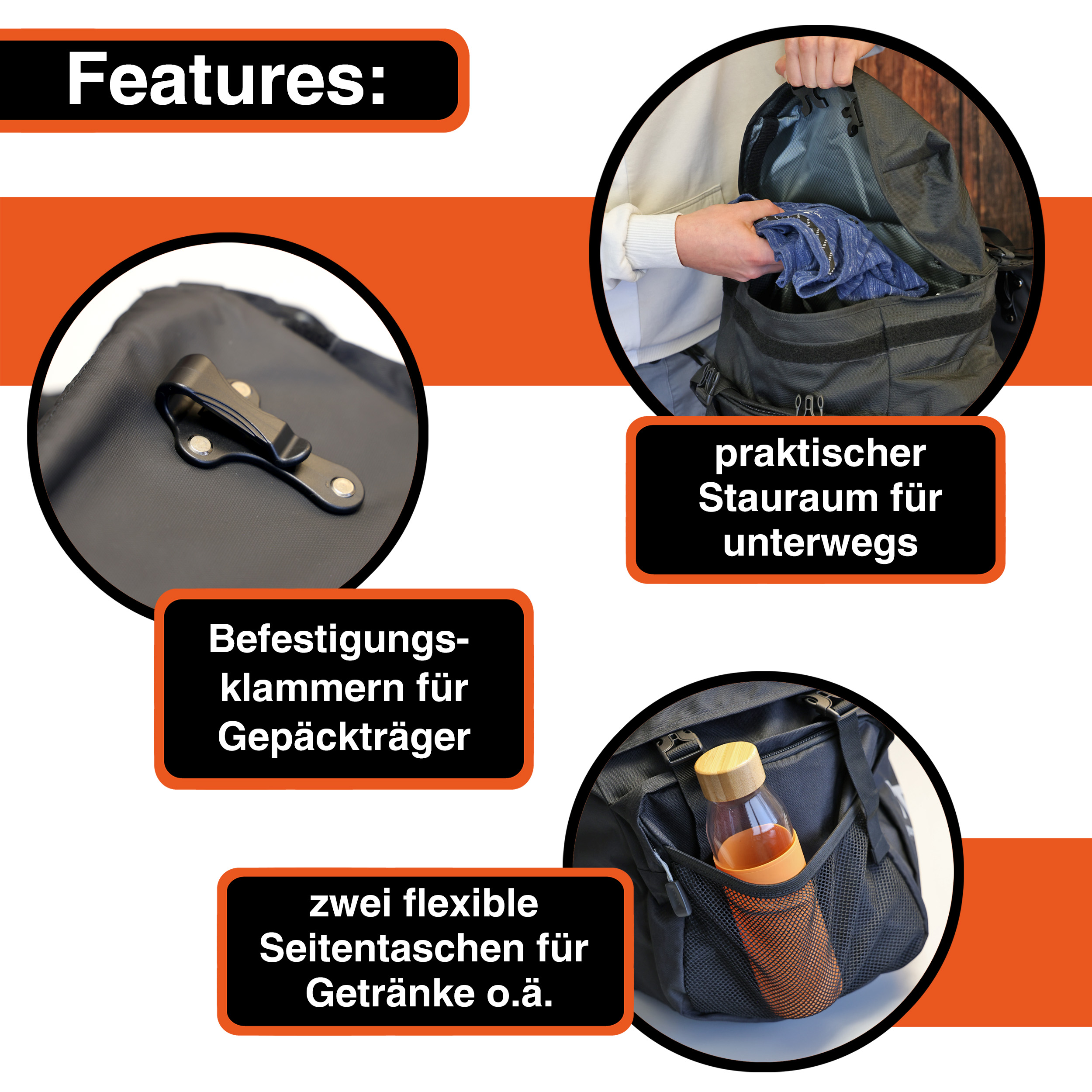 "Outrider" Fahrradtasche für Gepäckträger XL, 42L, wasserabweisend, 50x35x35cm, Schwarz