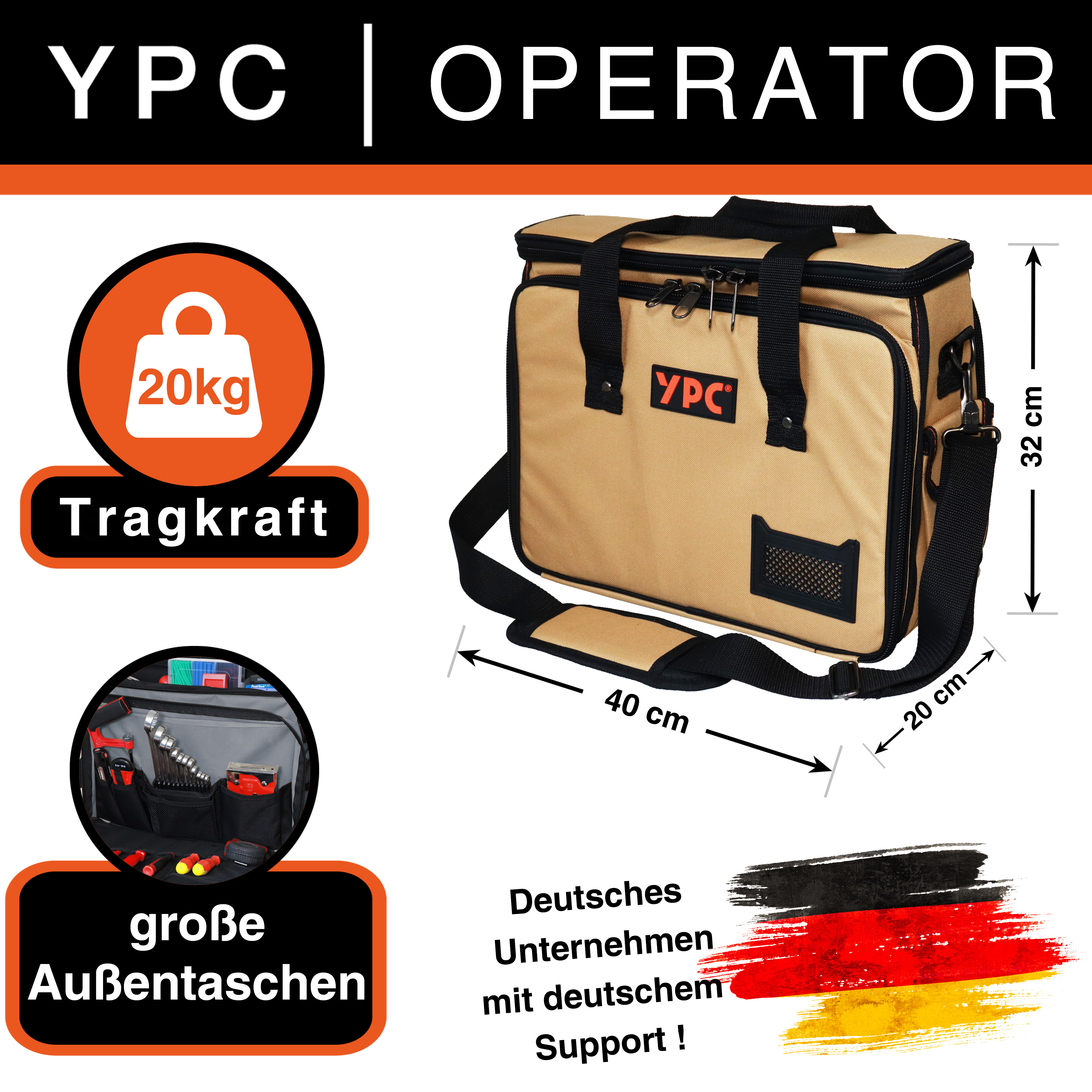 "Operator" Werkzeugtasche XL, Sand-Schwarz, 40x32x20cm, 20 kg Tragkraft