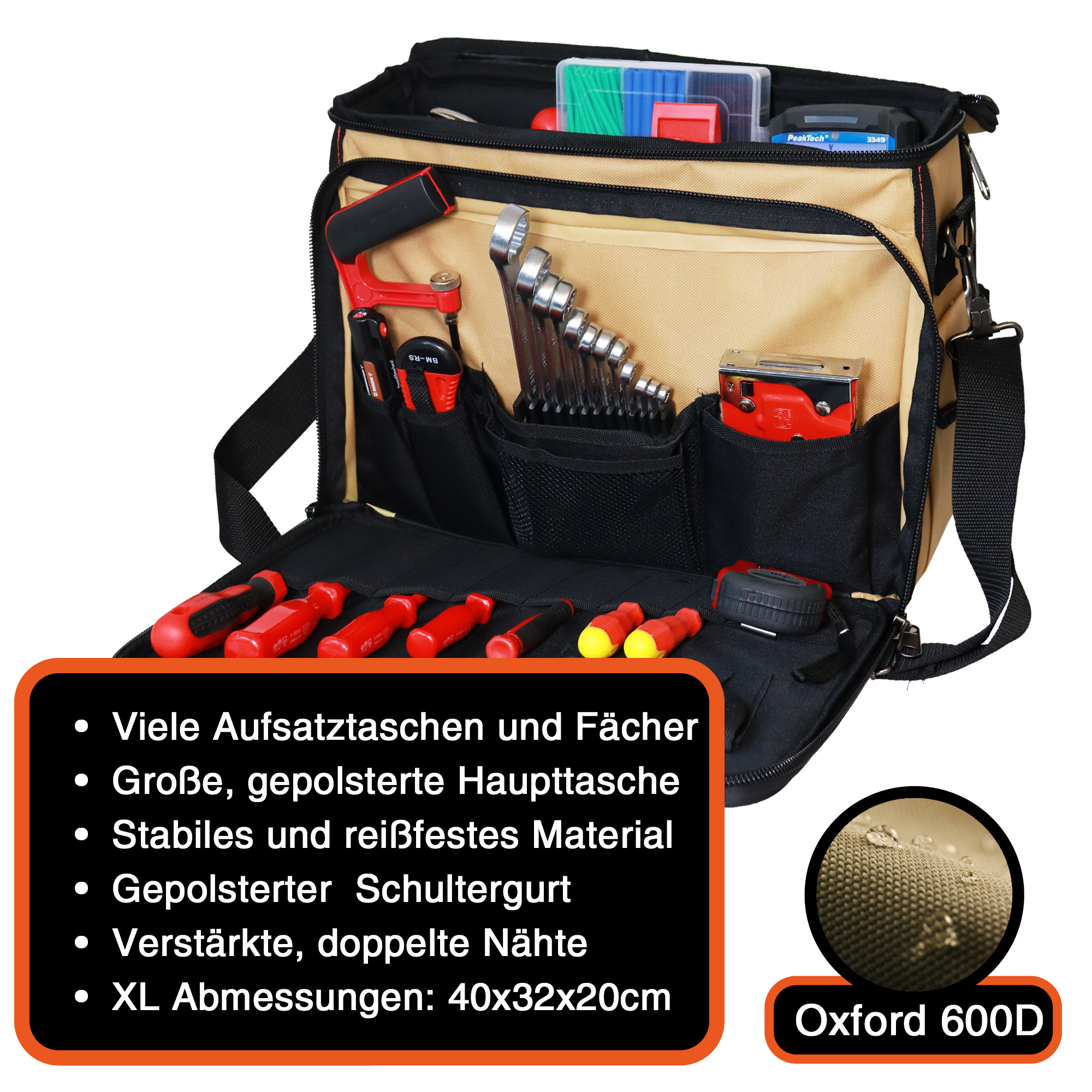 "Operator" Werkzeugtasche XL, Sand-Schwarz, 40x32x20cm, 20 kg Tragkraft