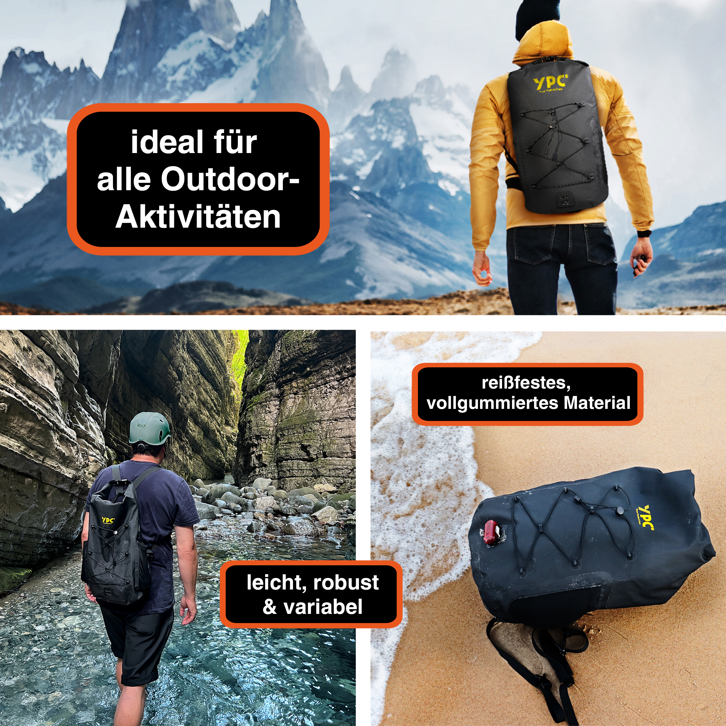 "Wayfarer" Outdoor Rucksack wasserdicht XL, 25L,  Rolltop, 55x30x20 cm, Schwarz