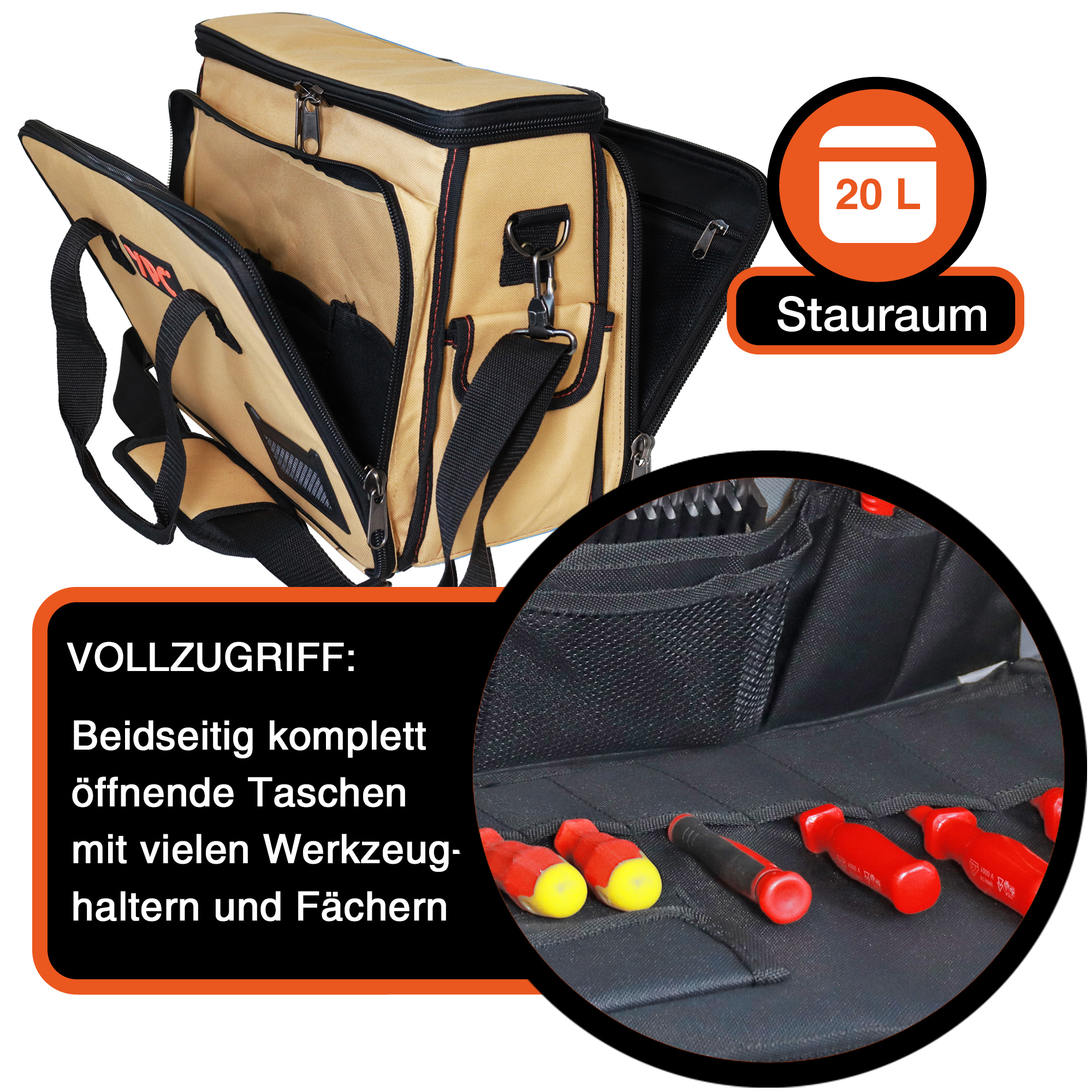 "Operator" Werkzeugtasche XL, Sand-Schwarz, 40x32x20cm, 20 kg Tragkraft