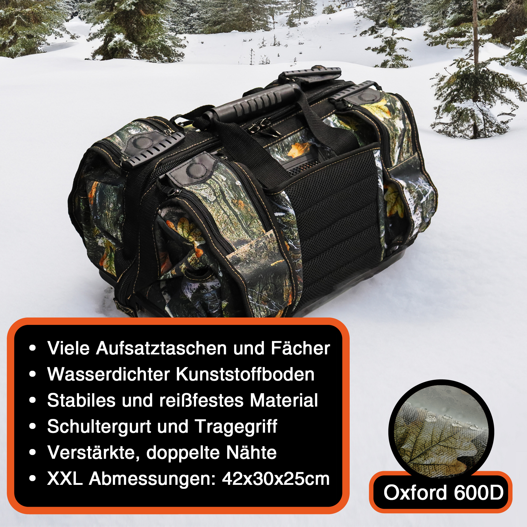 "Enforcer" Outdoor-Tasche XXL, Camouflage-Schwarz, 42x30x25cm, 20 kg Tragkraft