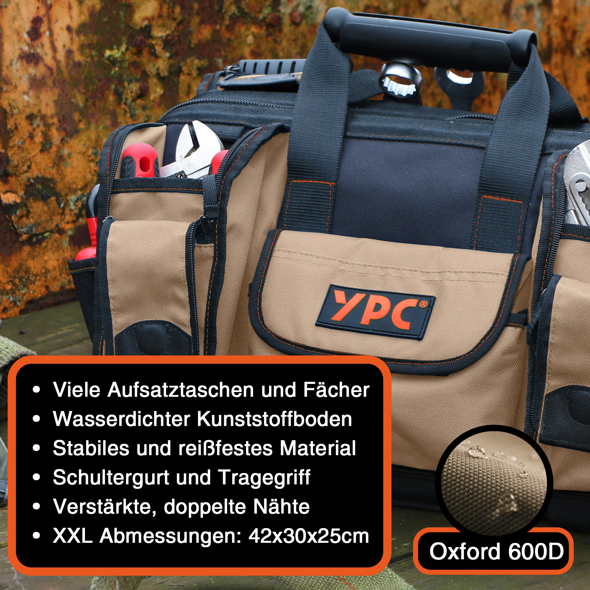 "Craftsman" Werkzeugtasche XXL, Sand-Schwarz, 42x30x25cm, 20 kg Tragkraft