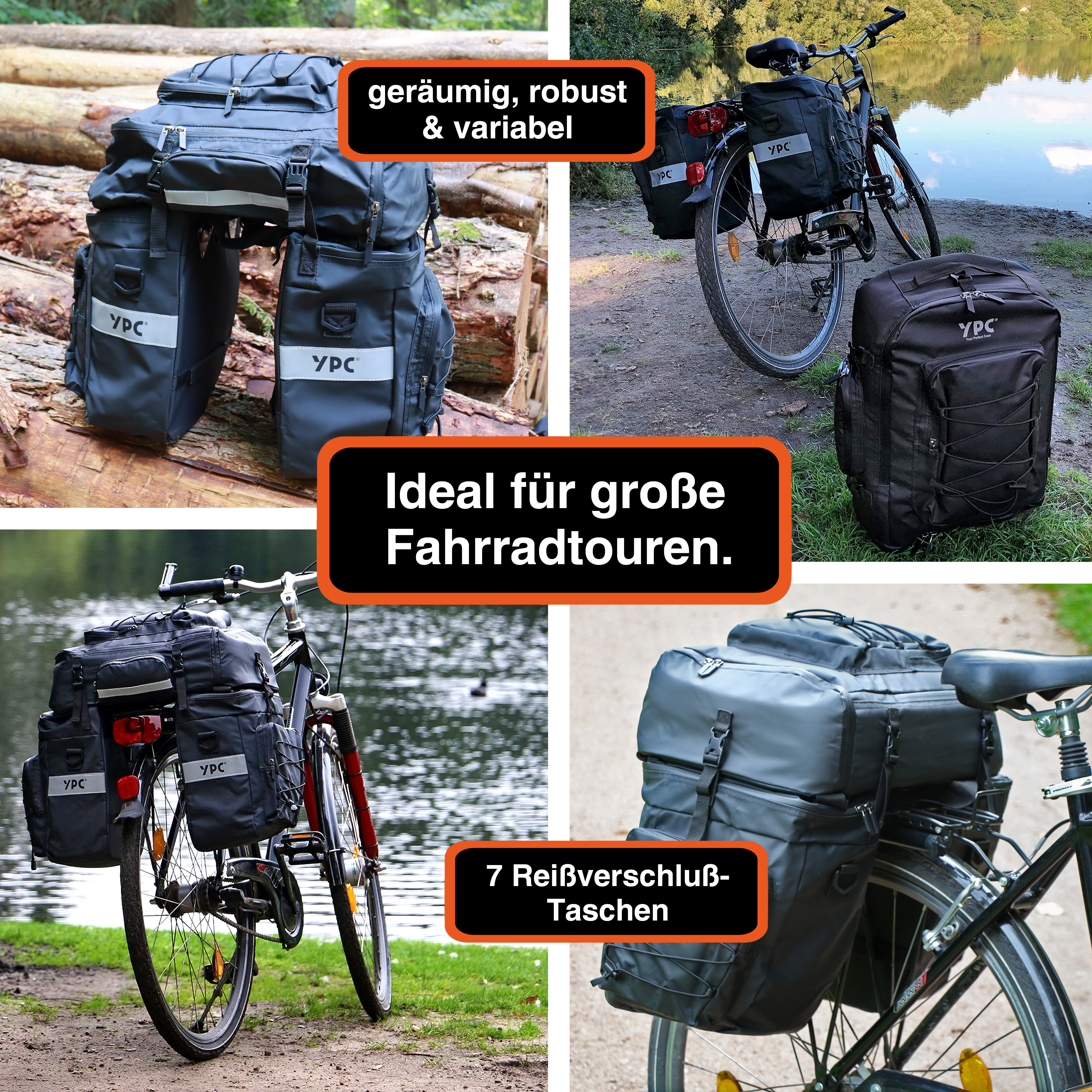 "Voyager" 3 in 1 Fahrradtasche für Gepäckträger XXL, 65L, wasserdicht, 55x50x40cm, Schwarz