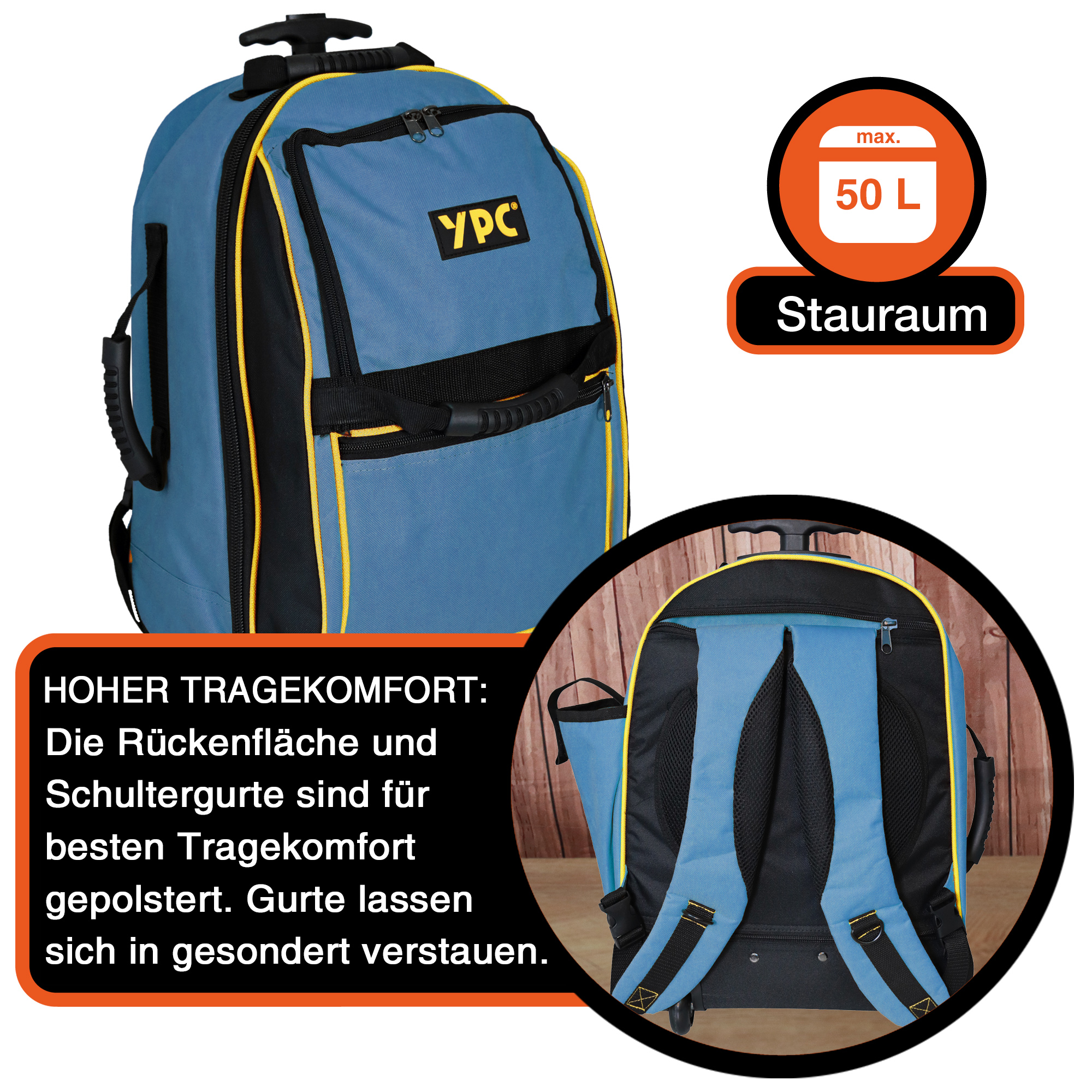 "Juggernaut" Trolley-Werkzeugrucksack XXL, Blau-Schwarz, 54x36x25cm, 15 kg Tragkraft