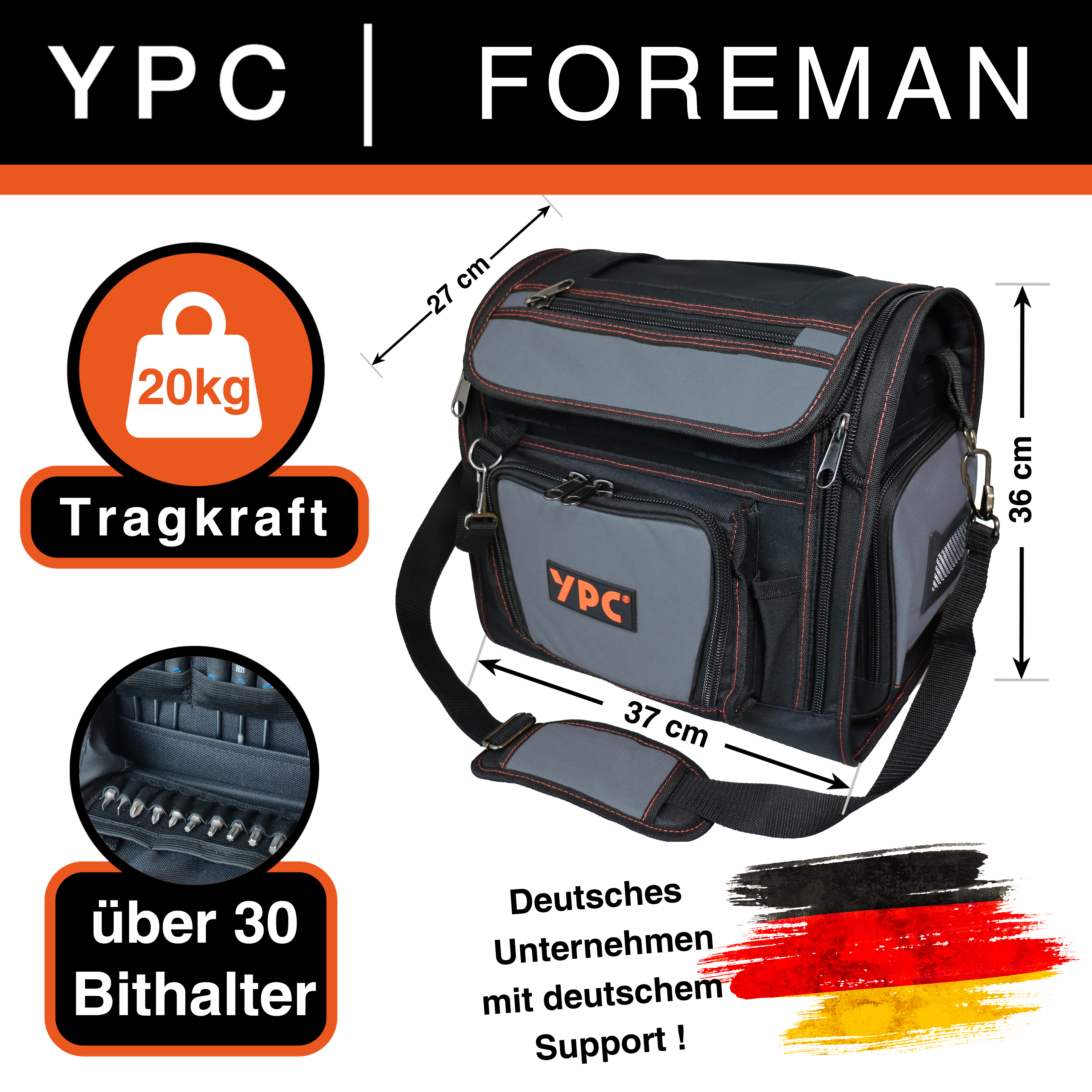 "Foreman" Werkzeugtasche XL, Grau-Schwarz, 37x36x27cm, 20 kg Tragkraft