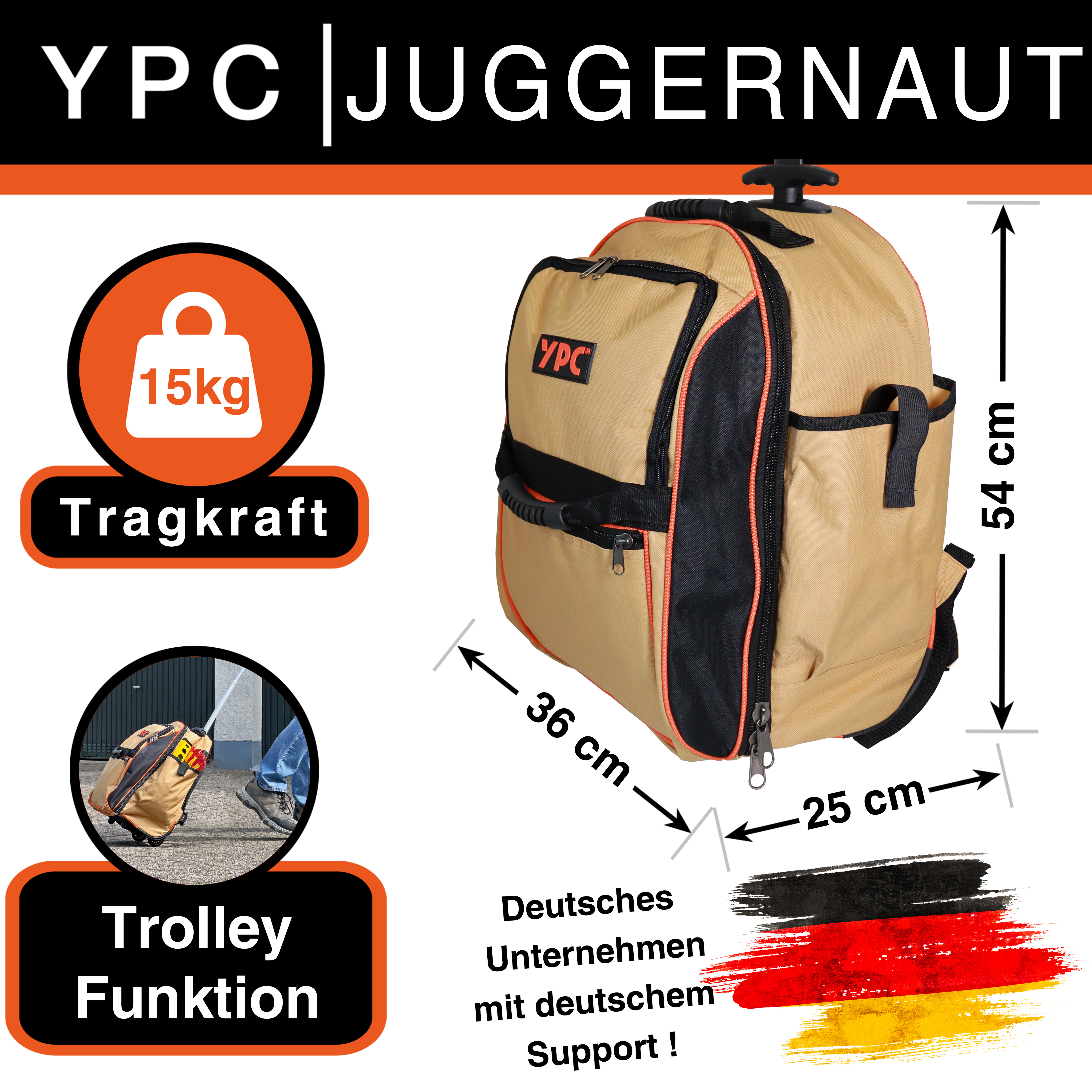 "Juggernaut" trolley tool backpack XXL, sand-black, 54x36x25cm, 15 kg load capacity