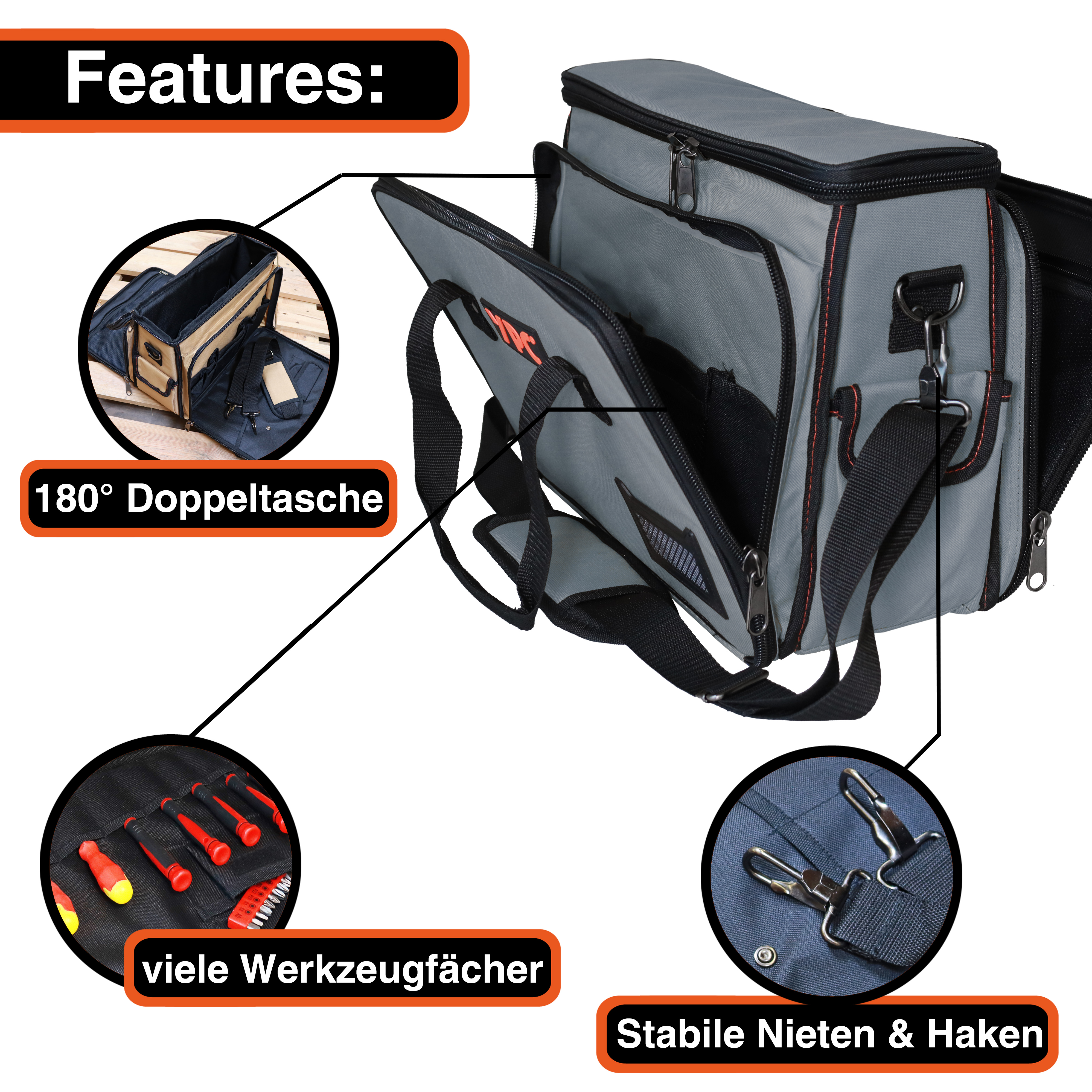 "Operator" tool bag XL, grey-black, 40x32x20cm, 20 kg load capacity