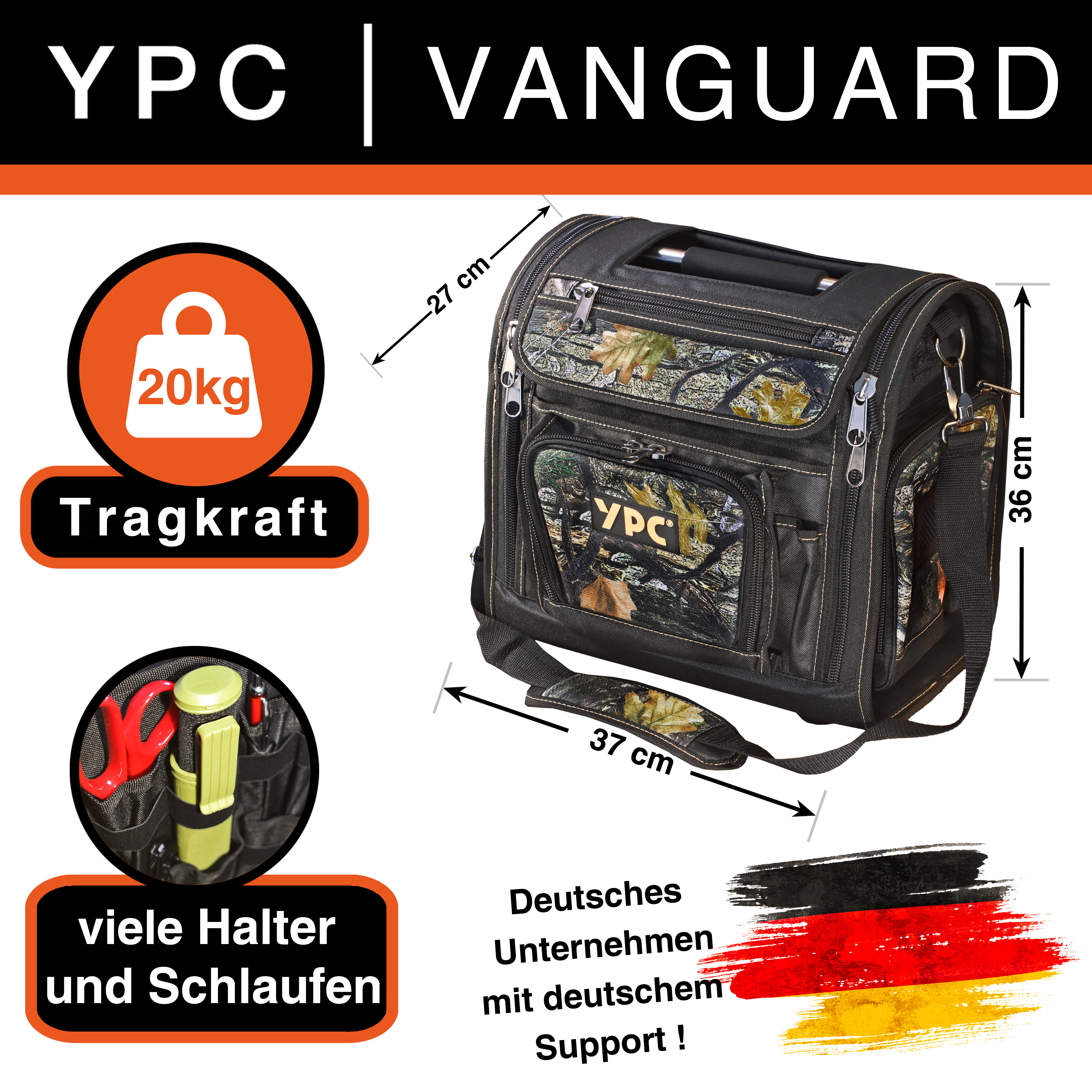 "Vanguard" Outdoor-Tasche XL, Camouflage-Schwarz, 37x36x27cm, 20 kg Tragkraft