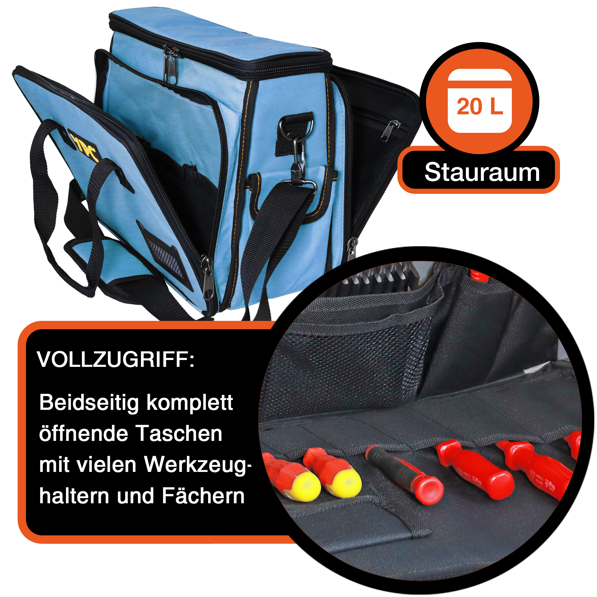 "Operator" Werkzeugtasche XL, Blau-Schwarz, 40x32x20cm, 20 kg Tragkraft