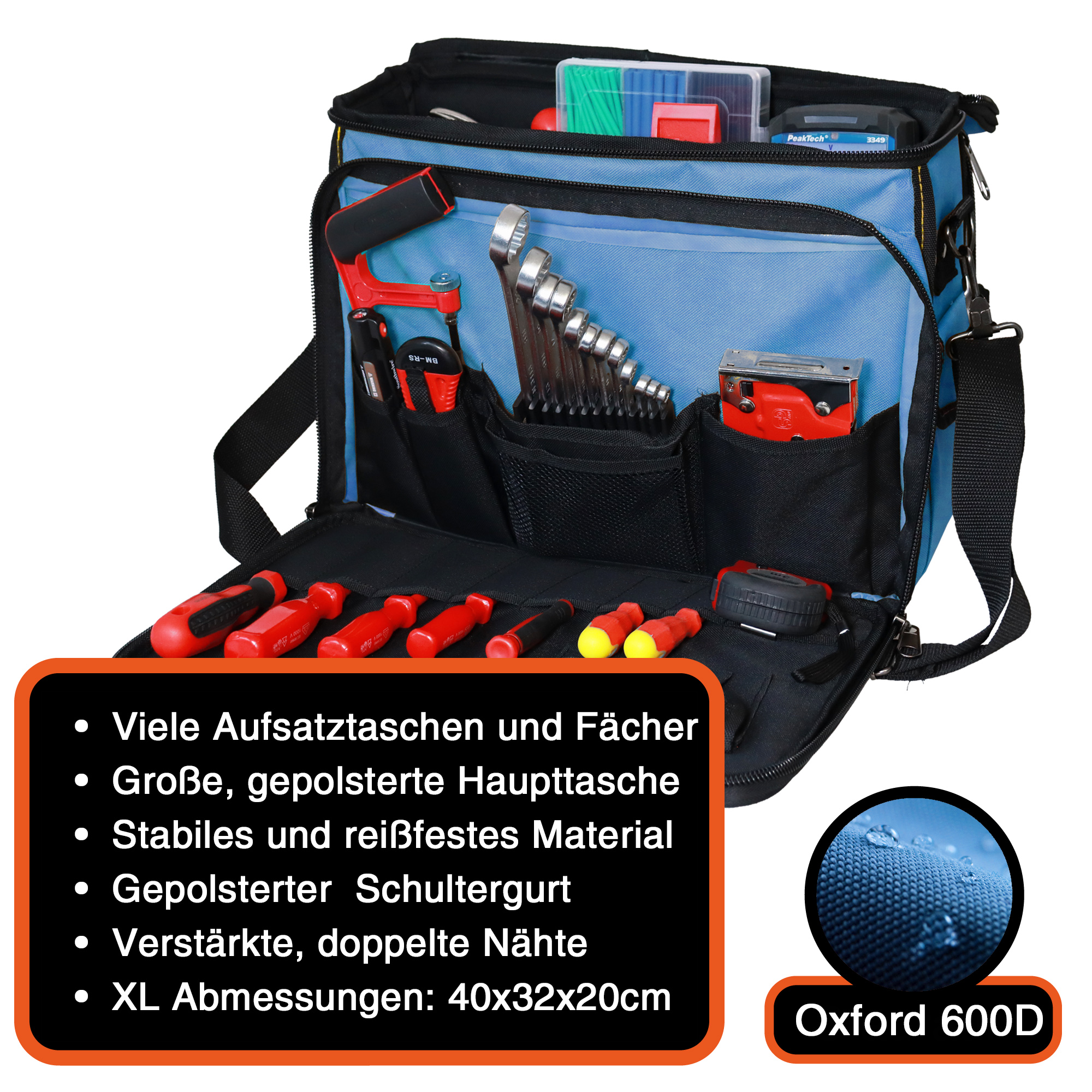 "Operator" Werkzeugtasche XL, Blau-Schwarz, 40x32x20cm, 20 kg Tragkraft