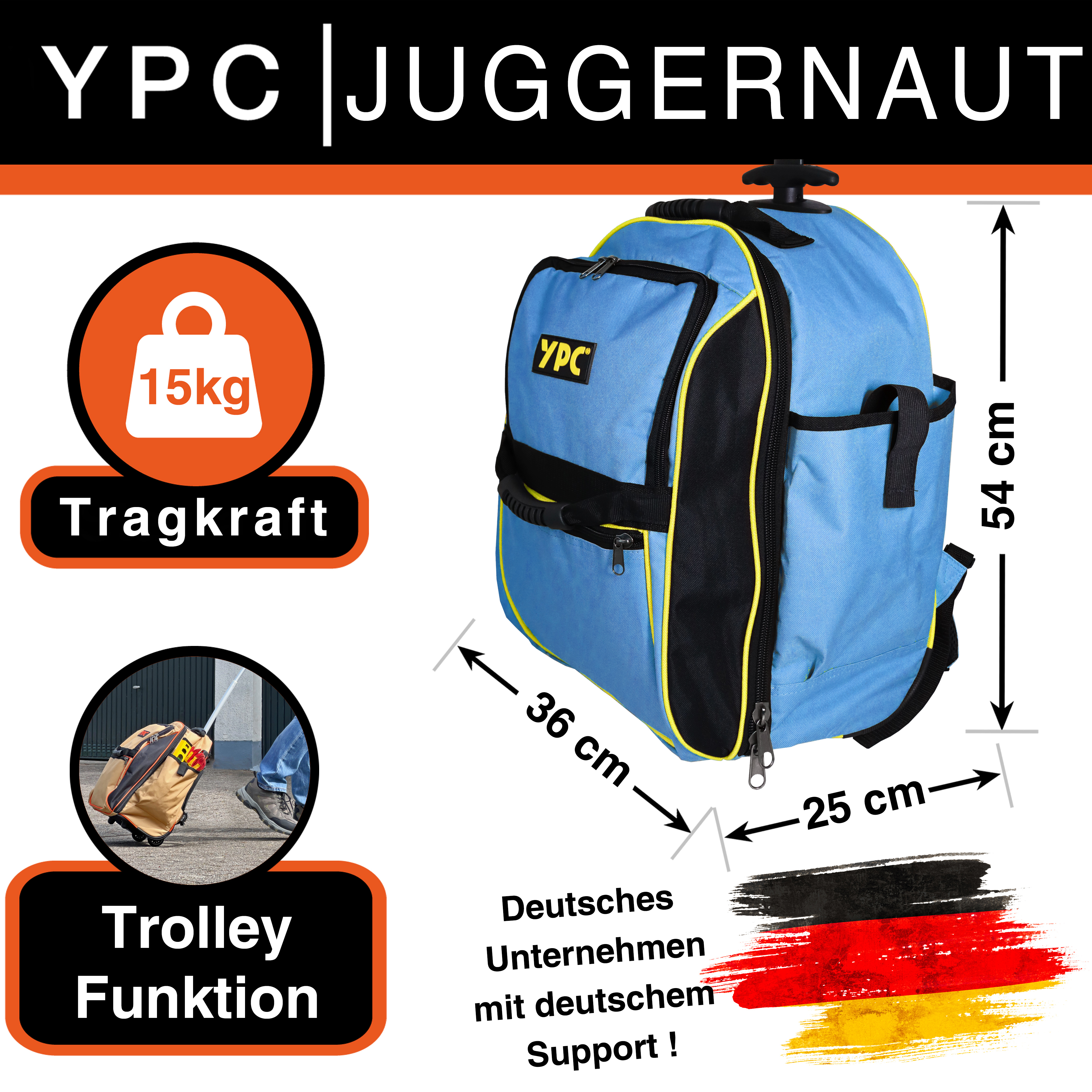 "Juggernaut" Trolley-Werkzeugrucksack XXL, Blau-Schwarz, 54x36x25cm, 15 kg Tragkraft