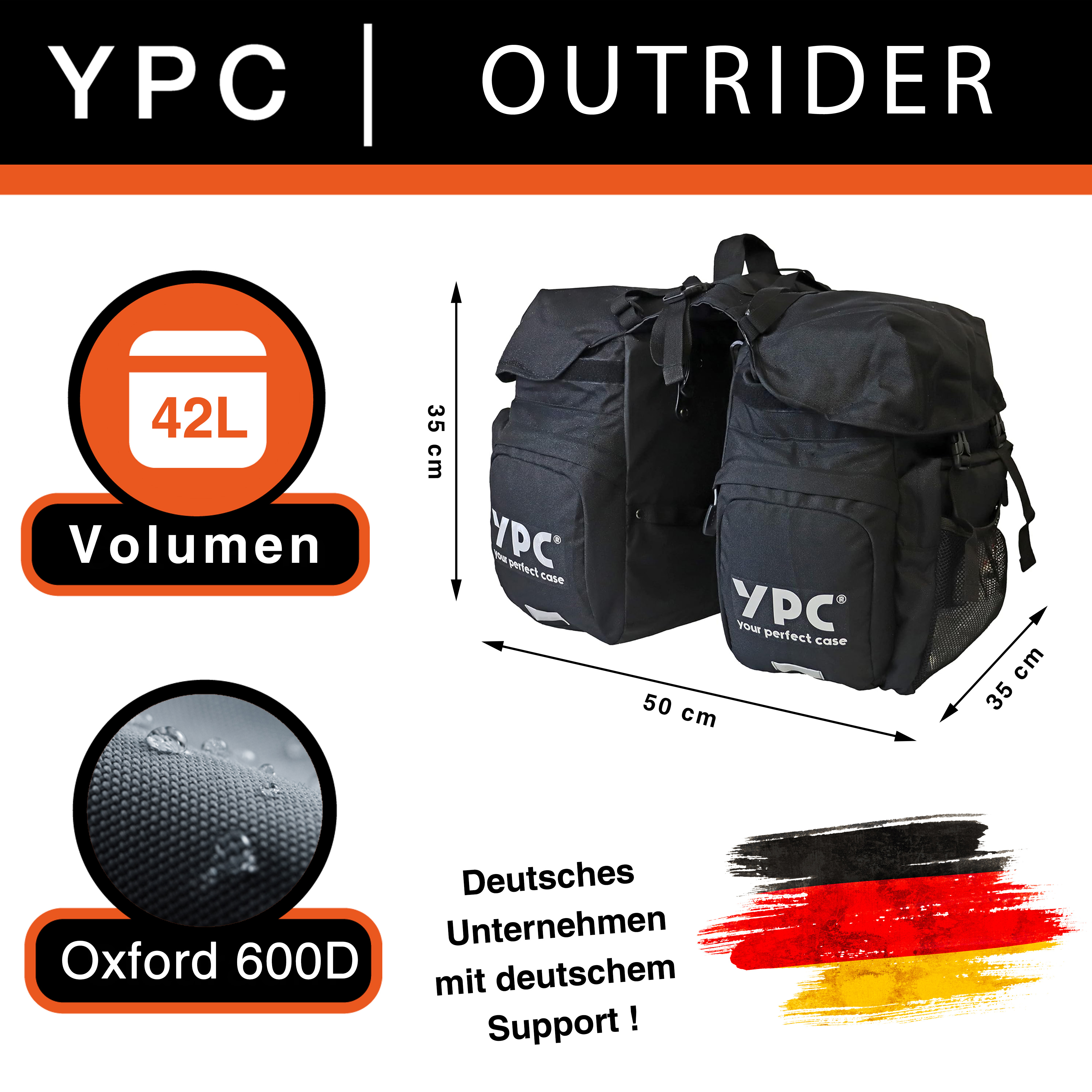 "Outrider" Fahrradtasche für Gepäckträger XL, 42L, wasserabweisend, 50x35x35cm, Schwarz