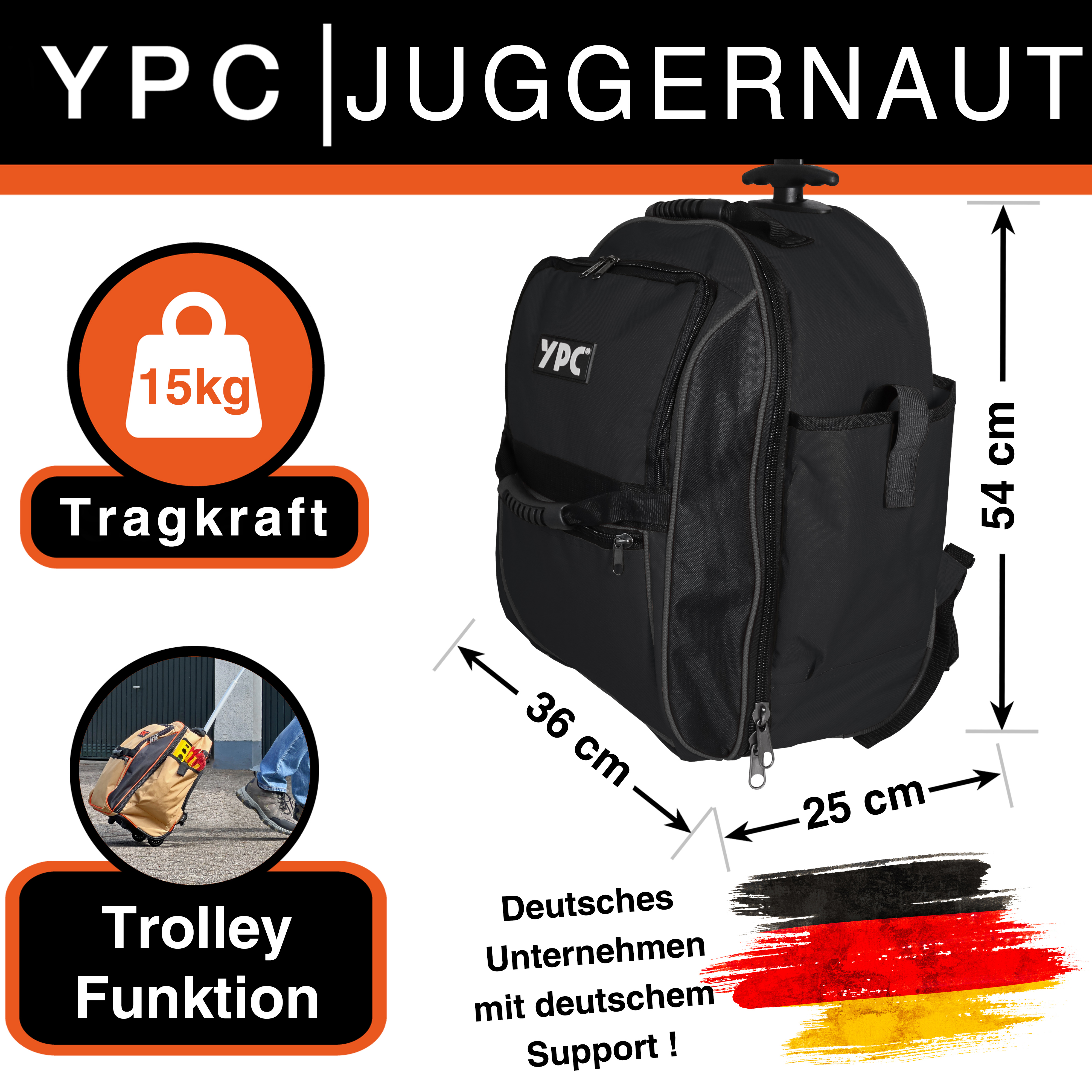 "Juggernaut" Trolley-Werkzeugrucksack XXL, Schwarz, 54x36x25cm, 15 kg Tragkraft