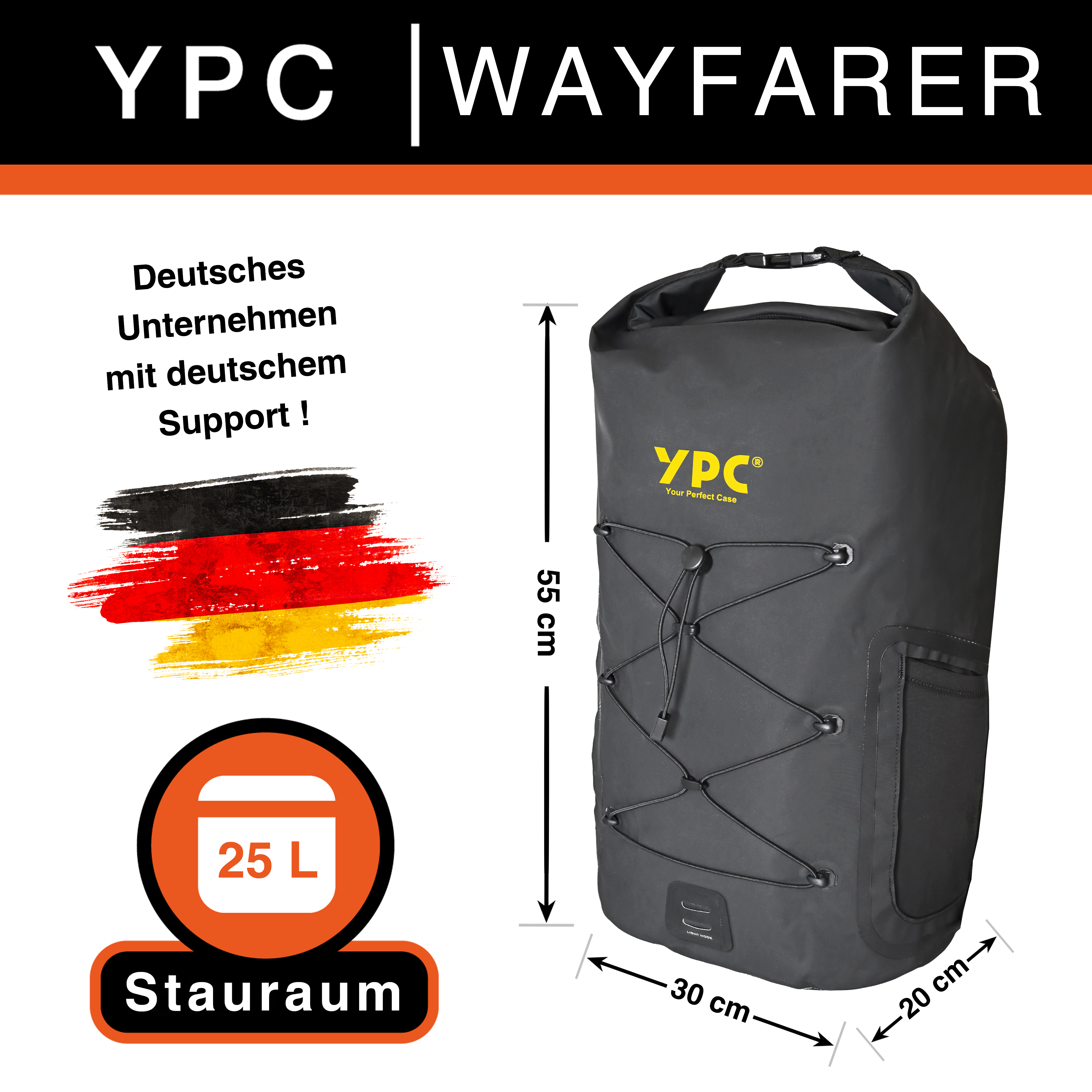 "Wayfarer" Outdoor Rucksack wasserdicht XL, 25L,  Rolltop, 55x30x20 cm, Schwarz