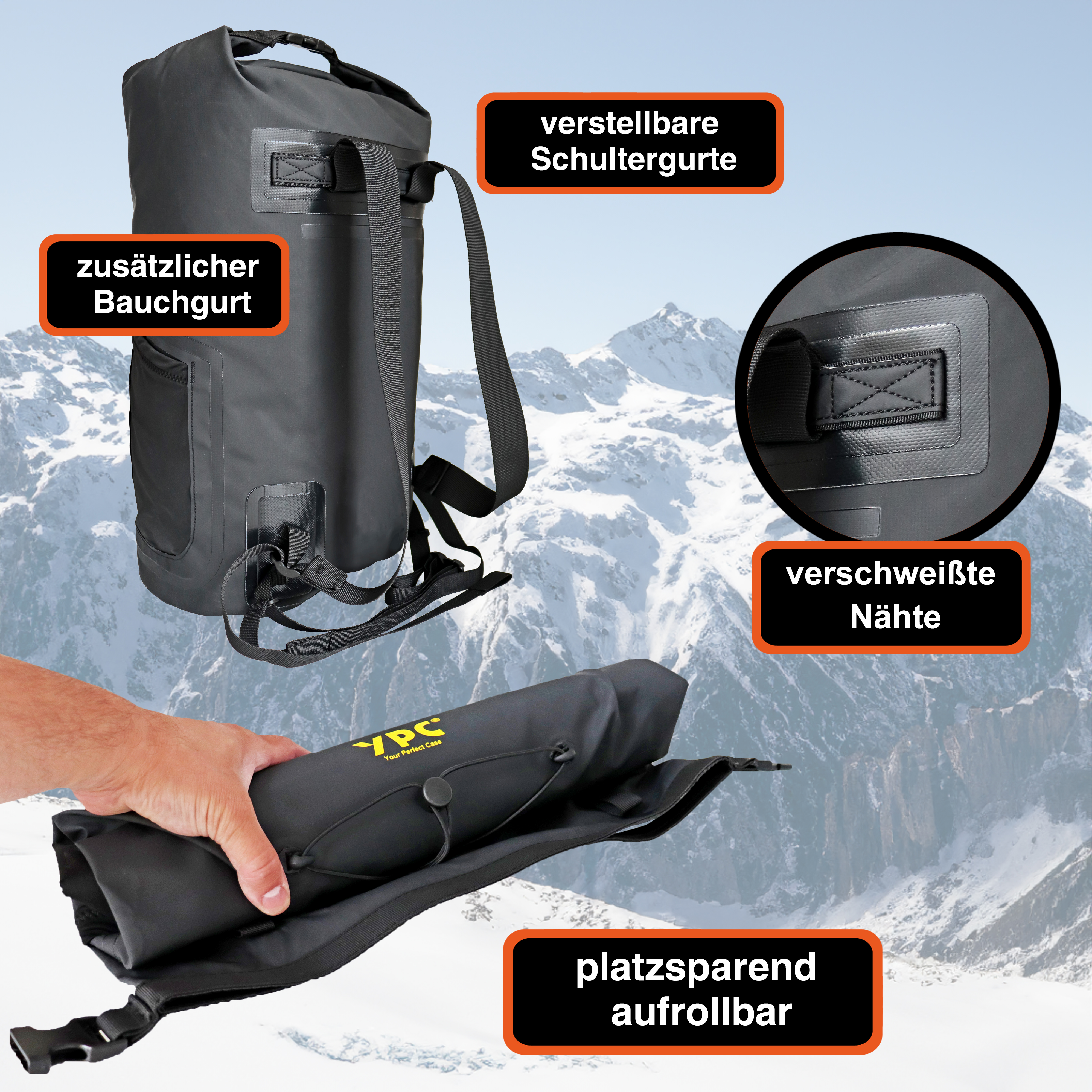 "Wayfarer" Outdoor Rucksack wasserdicht XL, 25L,  Rolltop, 55x30x20 cm, Schwarz