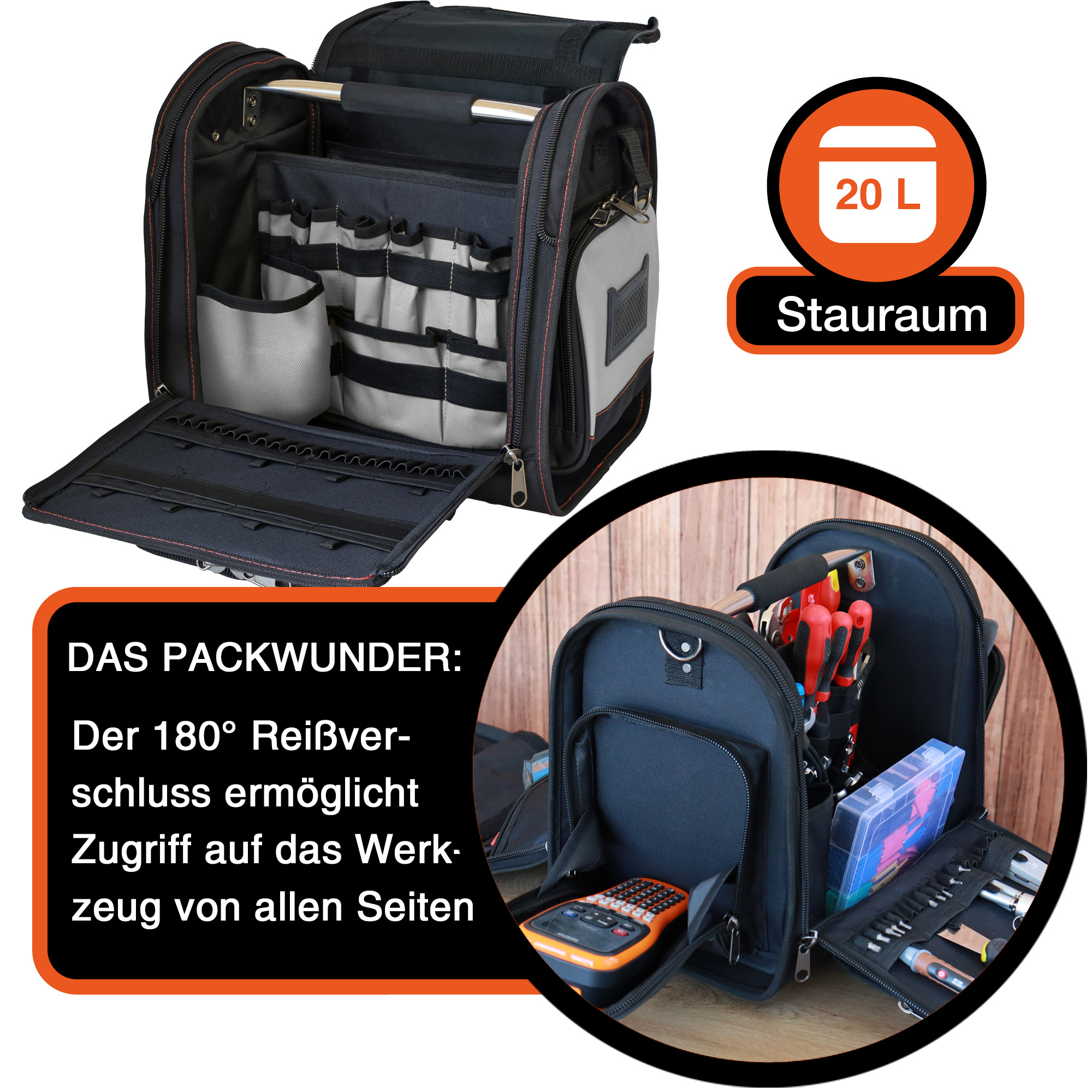 "Foreman" Werkzeugtasche XL, Grau-Schwarz, 37x36x27cm, 20 kg Tragkraft