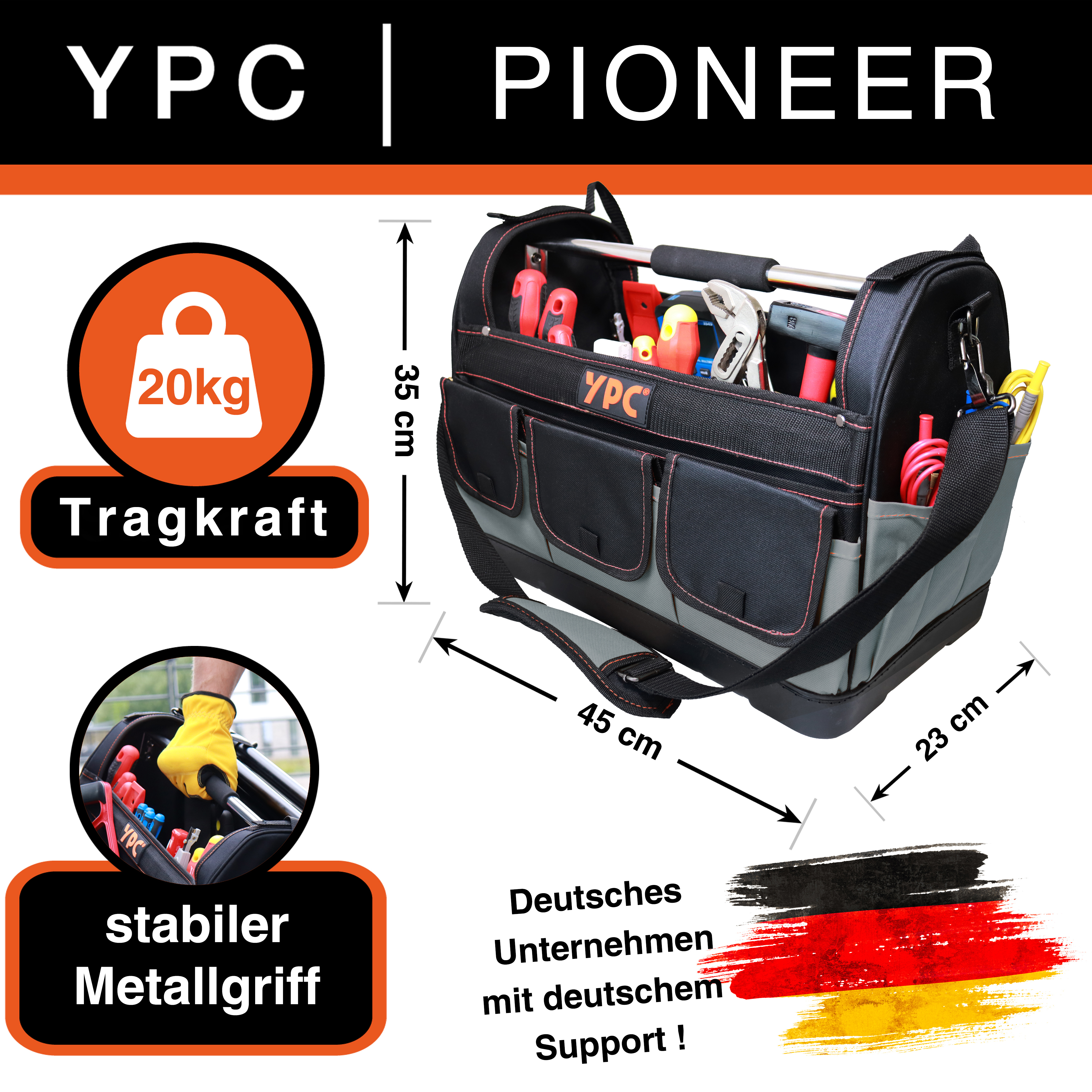 "Pioneer" Werkzeugkorb XXL, Grau-Schwarz, 45x35x23cm, 20 kg Tragkraft