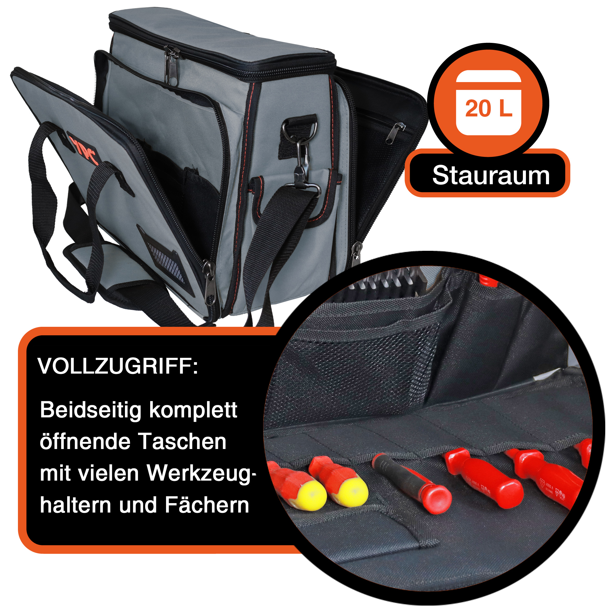 "Operator" tool bag XL, grey-black, 40x32x20cm, 20 kg load capacity