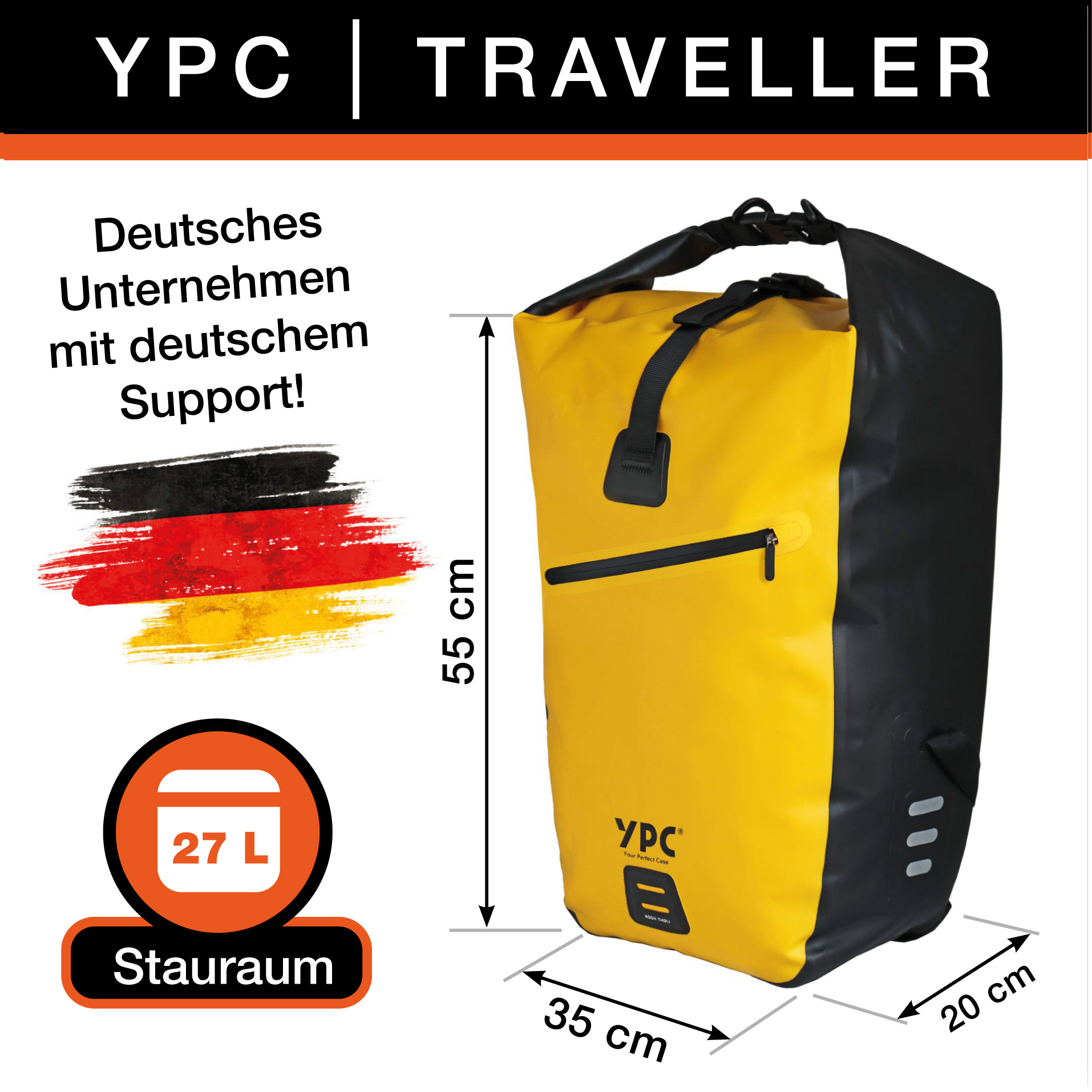 "Traveller" Fahrradtasche für Gepäckträger XL, 27L, wasserdicht, Rolltop, 55x35x20cm, Gelb-Schwarz